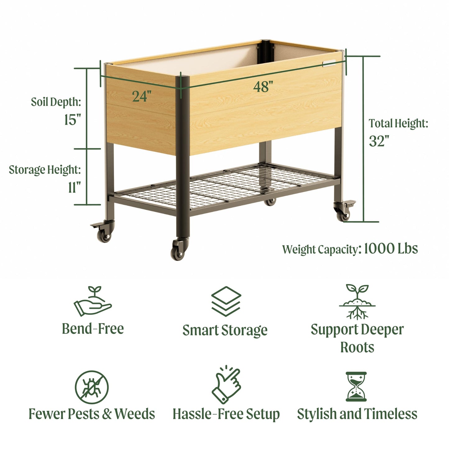Rolling Elevated Garden Bed, 2' x 4' Metal Woodgrain Elevated Outdoor Planters Boxes with Legs & Storage Rack for Patio, 1000 lbs Weight Capacity, Raised Beds for Gardening Herb Flowers Vegetables