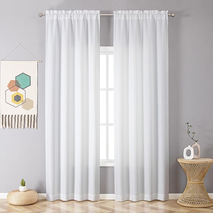 Chyhomenyc White Curtains 90 Inch Length 2 Panels Set, Faux Linen Textured Semi Sheer Light Filtering Soft Airy Privacy Farmhouse Curtain Drapes for Living Room Bedroom, 40 Wx90 L Inches