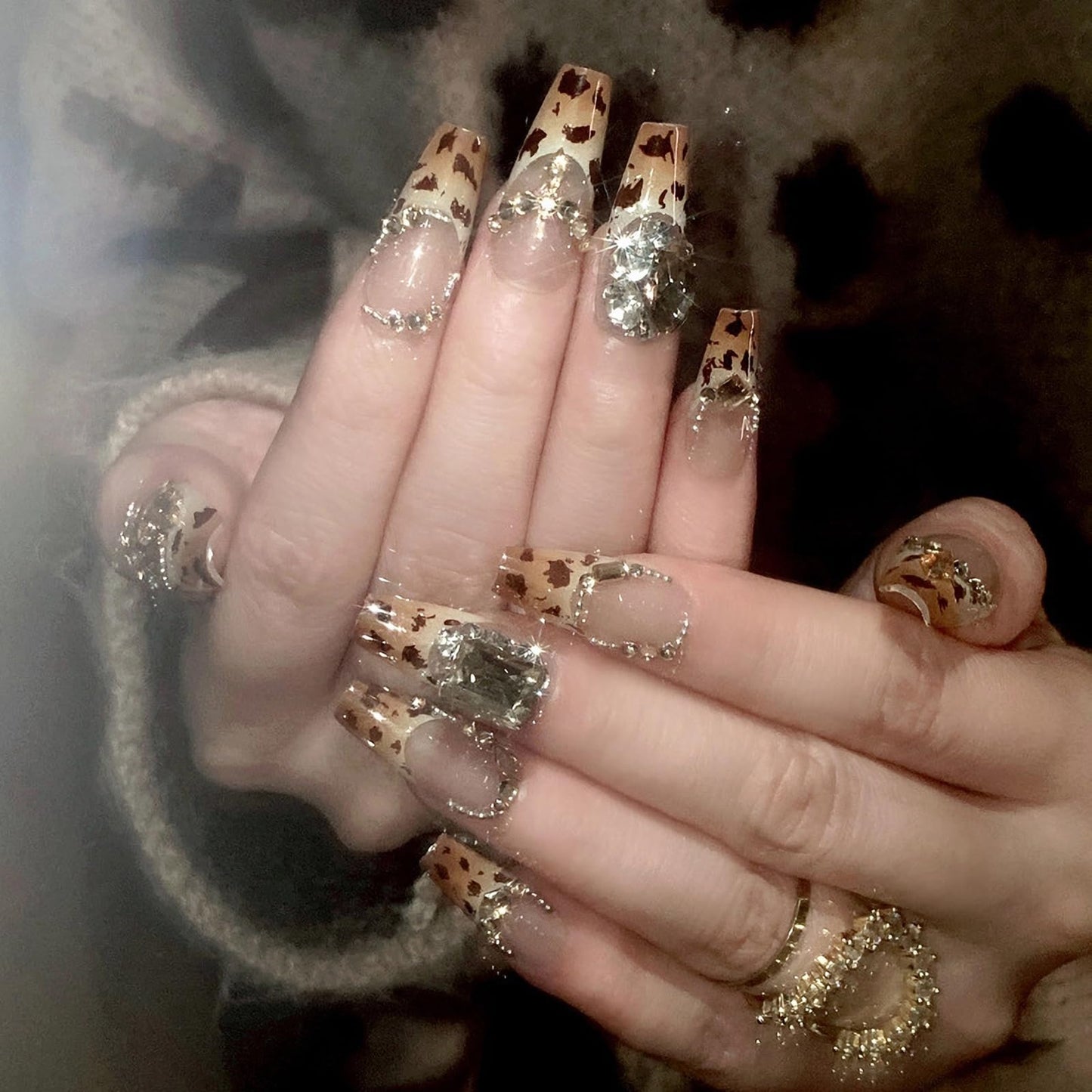 MISUD Press on Nails - Long Coffin Fake Nails with Fall Brown Cheetah, Acrylic Rhinestone Design 24 pcs