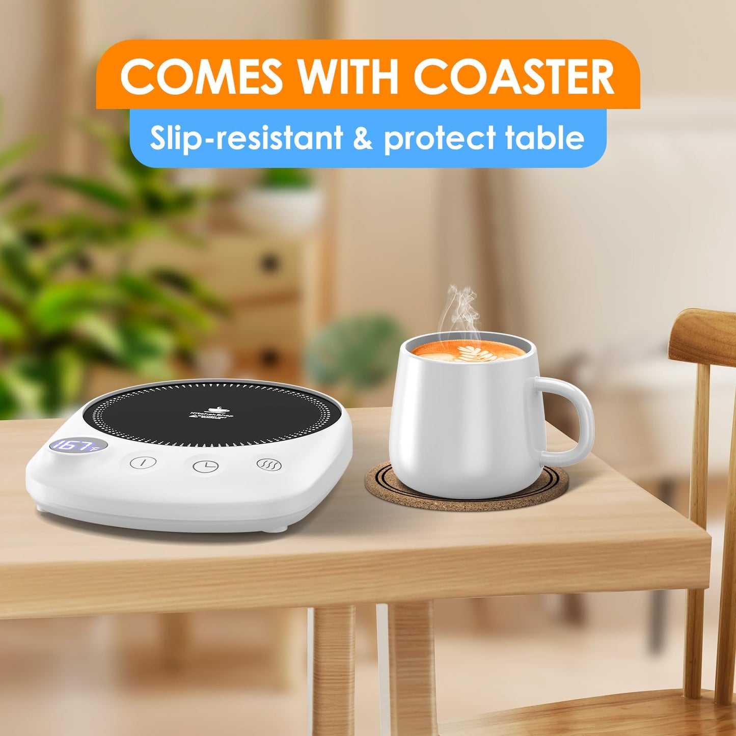 KitchekShop Coffee Mug Warmer - Fastest Heating & Highest Temperature, Coffee Cup Warmer for Desk Auto Shut Off, 4 Temp Settings & 1-12H Timer, Smart Electric Beverage Warmer for Coffee, Tea (White)