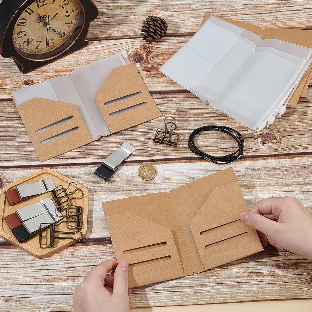 OLYCRAFT 4 Pack Travelers Notebook Accessories Kit Travel Diary Accessory Set Include Travel Kraft File Folder Transparent Bags Rubber Band Pen Clips Loose-Leaf Clips for Diary Passport Organizer