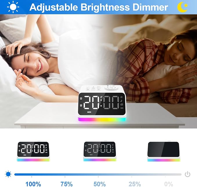JALL Digital Alarm Clock with FM Radio for Bedroom, 8 Colors Night Light with Charging Port, Sleep Sound Machines with Timer, Dual Alarm (White with White Font)