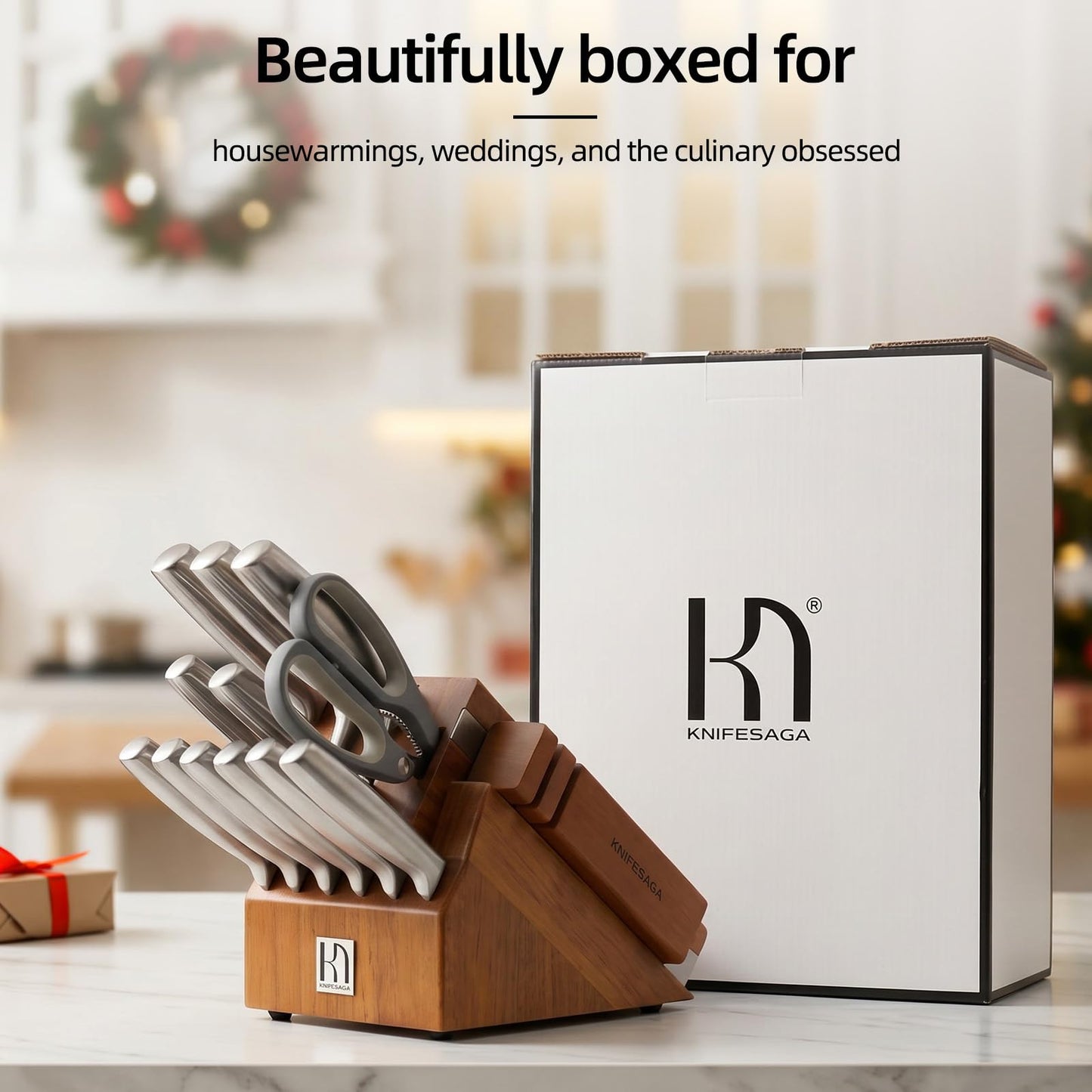 KnifeSaga Kitchen Knife Set with Block and Detachable 2-Stage Sharpener | 14-Piece Premium High Carbon Stainless Steel Knives with Ergonomic Anti-Slip Handle, Rubberwood Knife Block