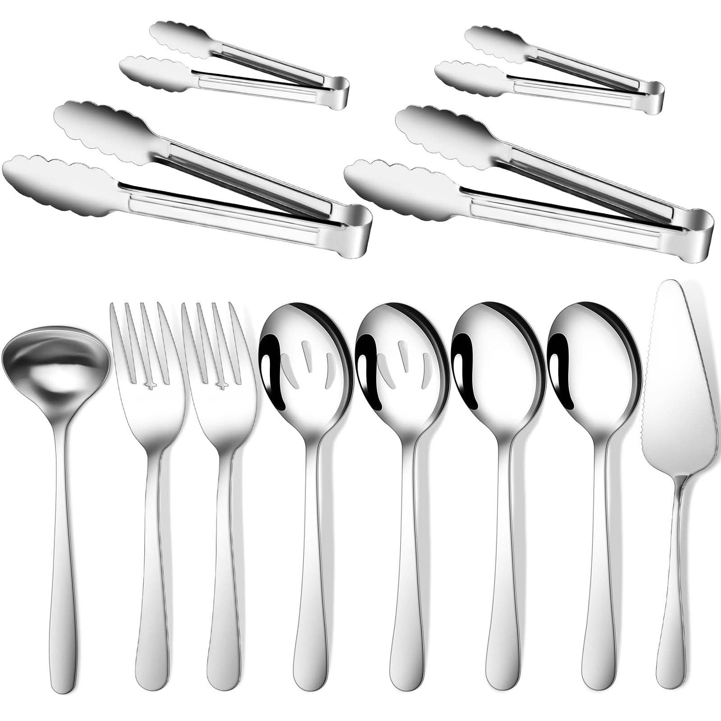 Gisly 12-Piece Serving Set - Large Spoons, Forks, Tongs, Ladle, Cake Server & Appetizer Tongs for Buffet Catering, Dishwasher Safe