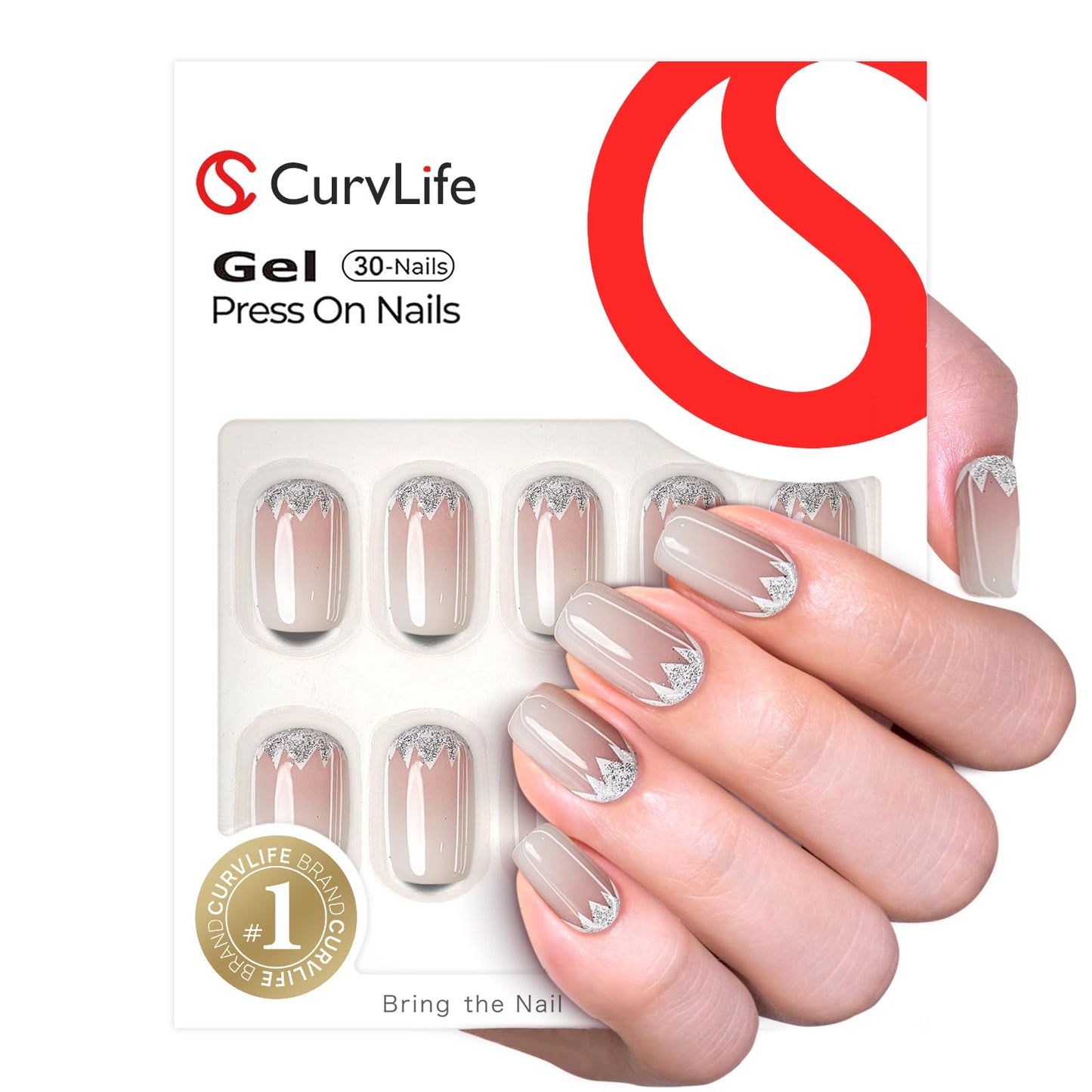 CurvLife Press on Nails Short Square Acrylic Fake Nails with Apricot Design Full Cover False Nails Glossy Nude Glue on Nails Artificial Stick on Nails for Women (Crystal Bloom Light)