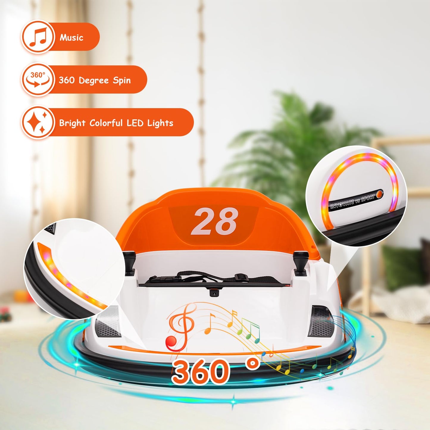 12V Kids Ride On Bumper Car Electric Vehicle for Toddlers Ride on Toy Bumping Car with Remote Control, Battery Display, 360°Spin, LED Lights, MP3, USB, Orange