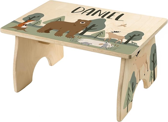Woodland Step Stool for Toddlers- Personalized Wood Kids Step Stool with Name for Kitchen Sink, Bathroom, Potty Training, Toilet, Kitchen Sink- Sturdy and Safe- Made in USA by BloomOwl (Woodland Bear)