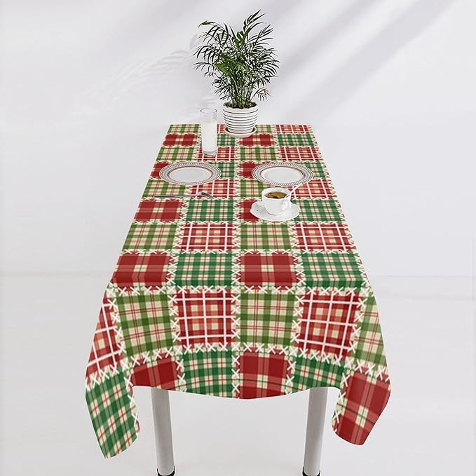 YCness Patchwork Geometric Grids Tablecloth, Christmas Seasonal Colorful Red Green Table Cover for Dinner Birthday Holiday Party Kitchen Colorful Red White Table Decor 60x120 Inch Rectangle