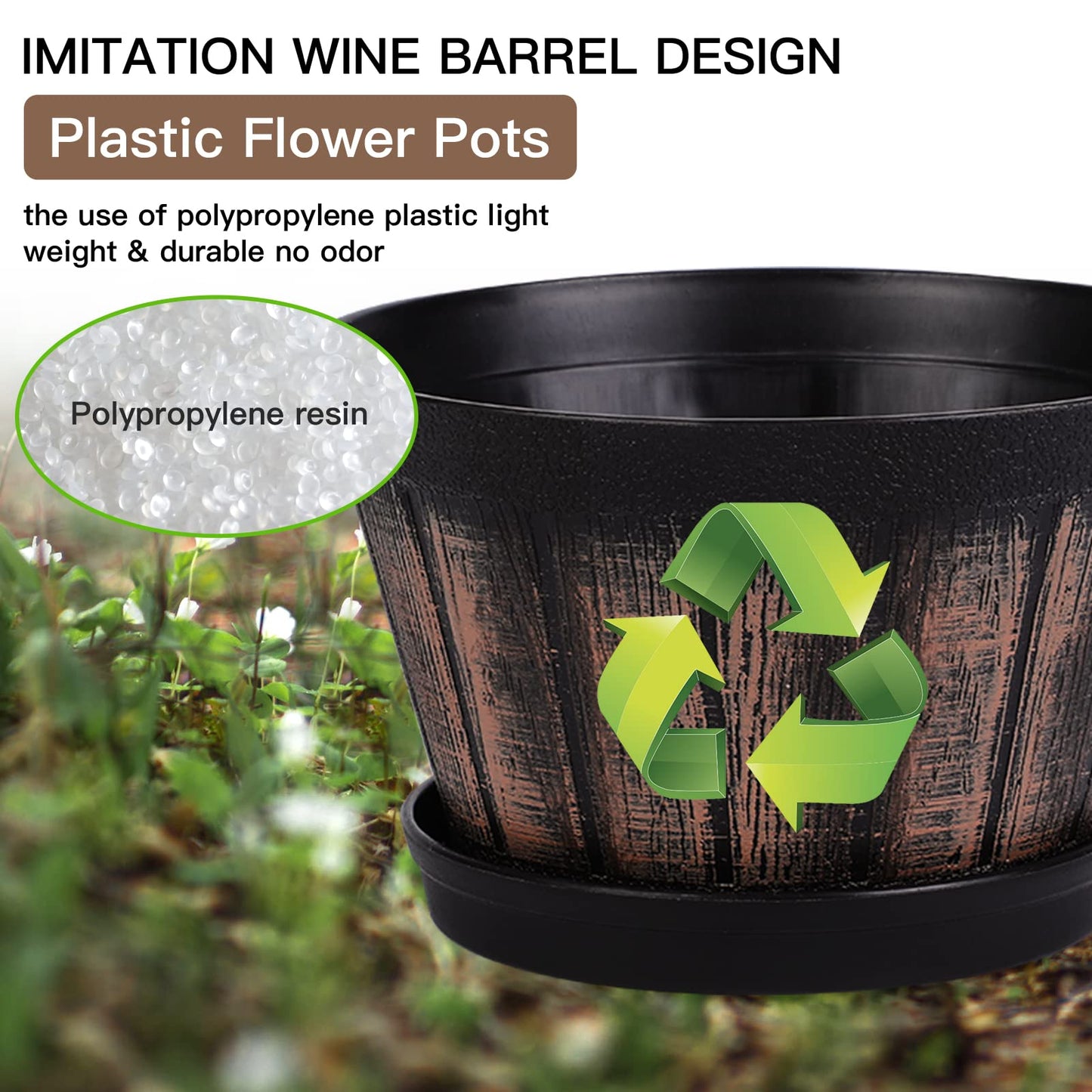 Quarut 6 inch Brown Barrel Planters with Drainage Holes & Saucer, Set of 4, Indoor & Outdoor Garden Home Plants