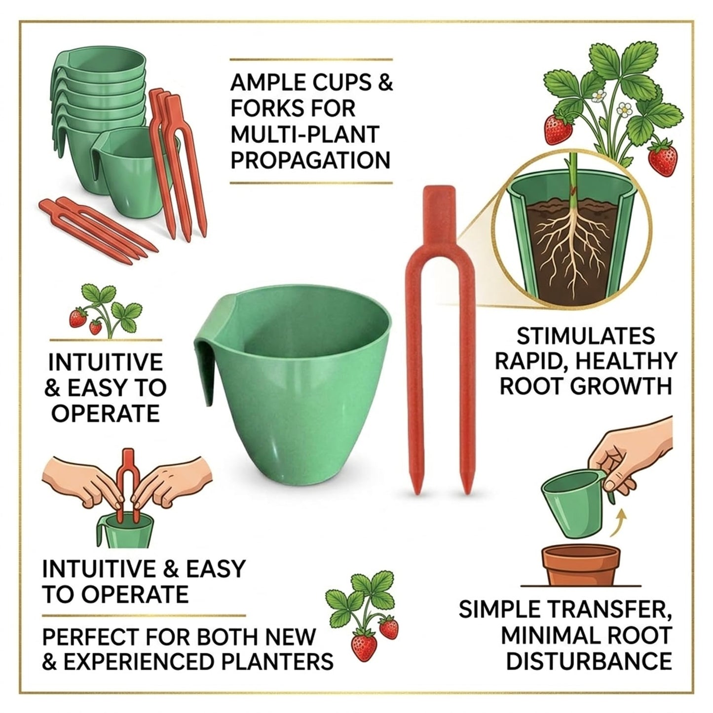 Strawberry Rooting Cup Kit with 20 Forks, Strawberry Propagation Cups, Space-Saving Hanging Design, Plastic Planter for Garden, Greenhouse, and Balcony (Large,green10pc)