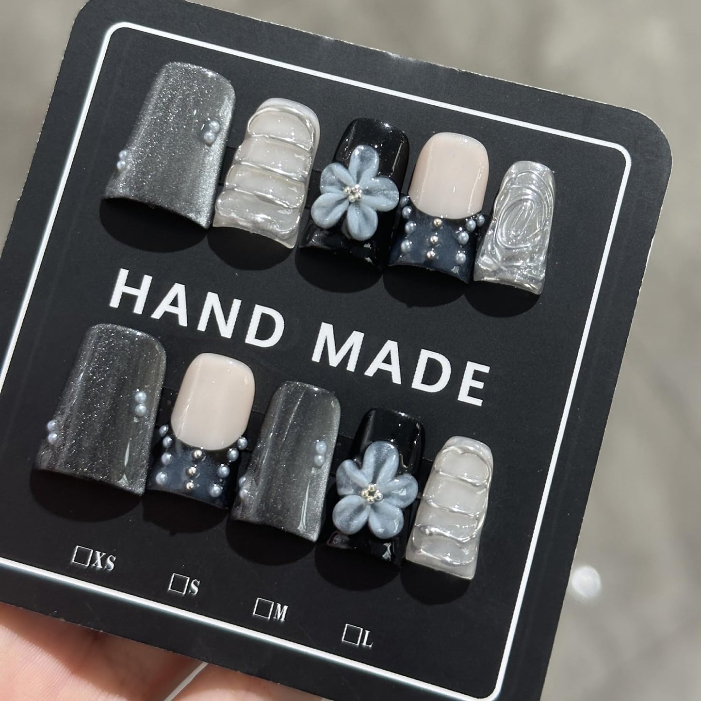 French Tip Press on Nails Handmade Short Duck 3D Flower Thick Acrylic Nails Black Sparkly False Nails with Pearls Silver Chrome Powder Designs Glossy Fake Nail Sturdy Art Press on Nail 10Pcs(M)