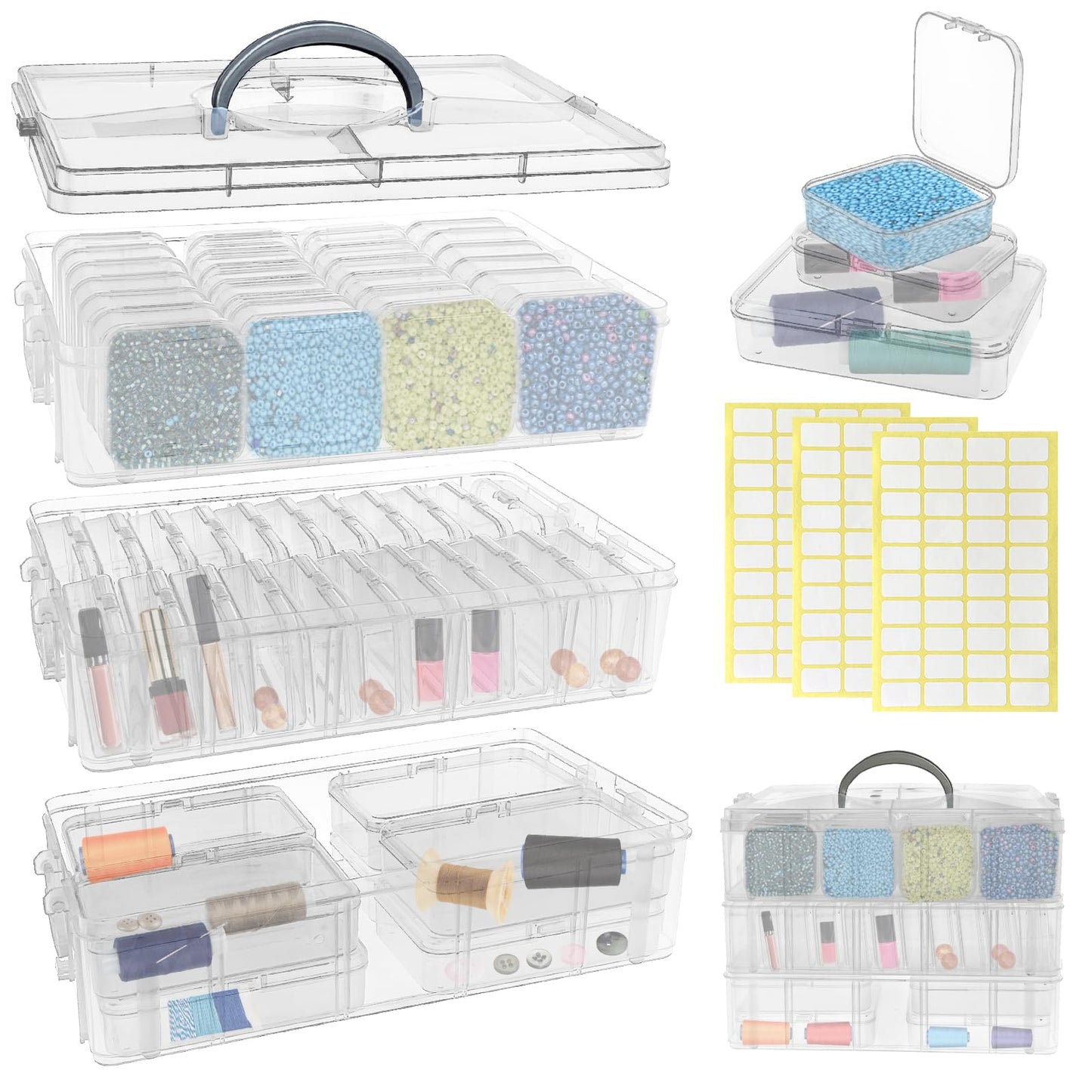 Guyuyii Bead Organizers and Storage with Labels and Handle - 58 Pcs Small Plastic Bins with Lids and 3-Tier Stackable Clear Bead Storage for Diamond Painting, Seed Beading & Jewelry Making (3 Sizes)