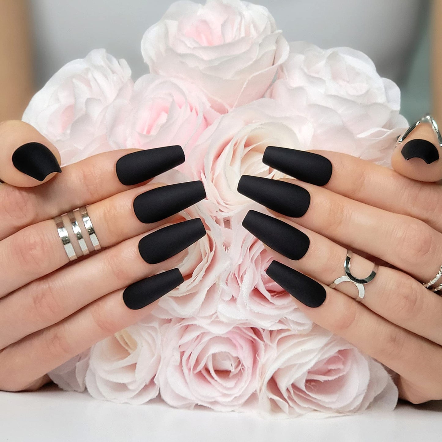Hypnaughty Press On Nails - Rhinestone & Noir Black Matte Coffin, Trendy & Salon Quality Reusable Nails With Kit