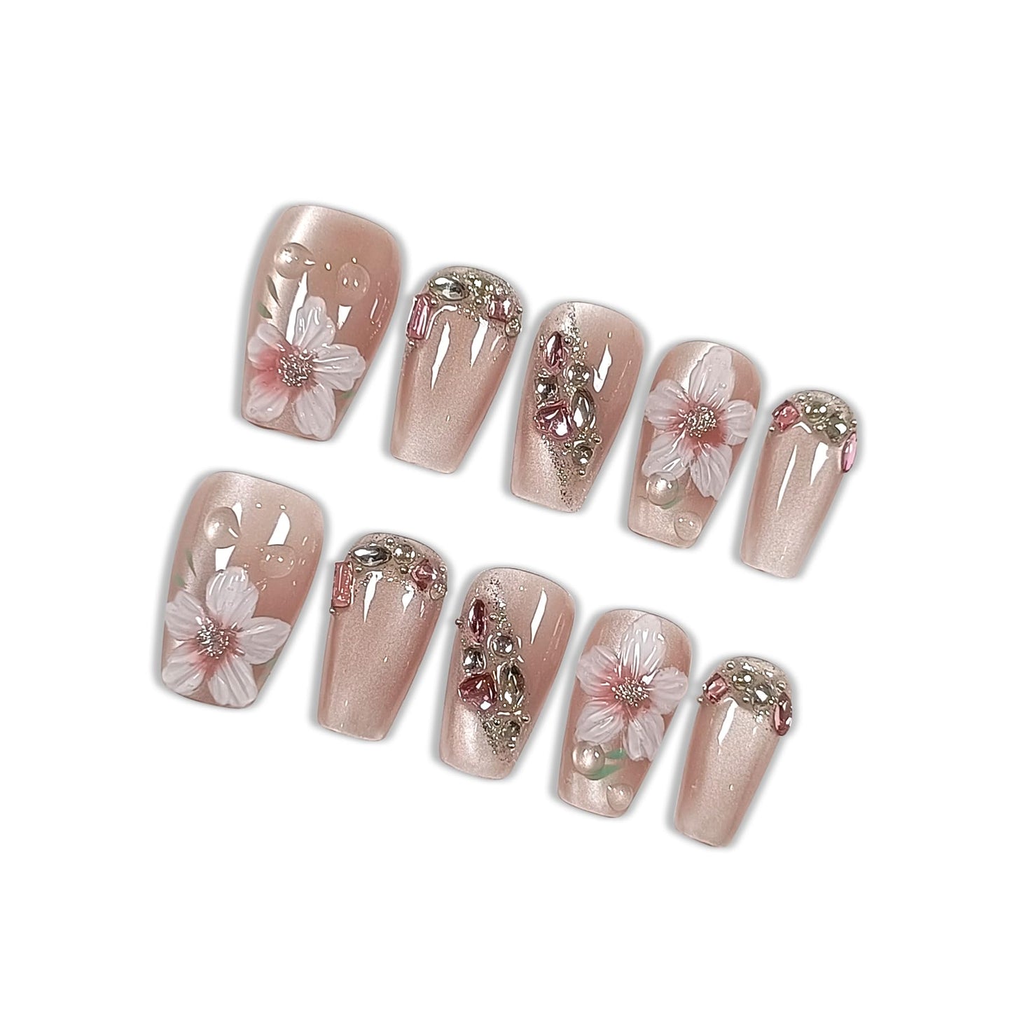 Hantyer Press On Nail Kits - 10pcs Handmade Acrylic False Nails In Pink With Flowers, Short Coffin Shape, Rhinestone And 3D Cat Eye Design For Women - Multi-Layer Gel, Reusable Salon Nails