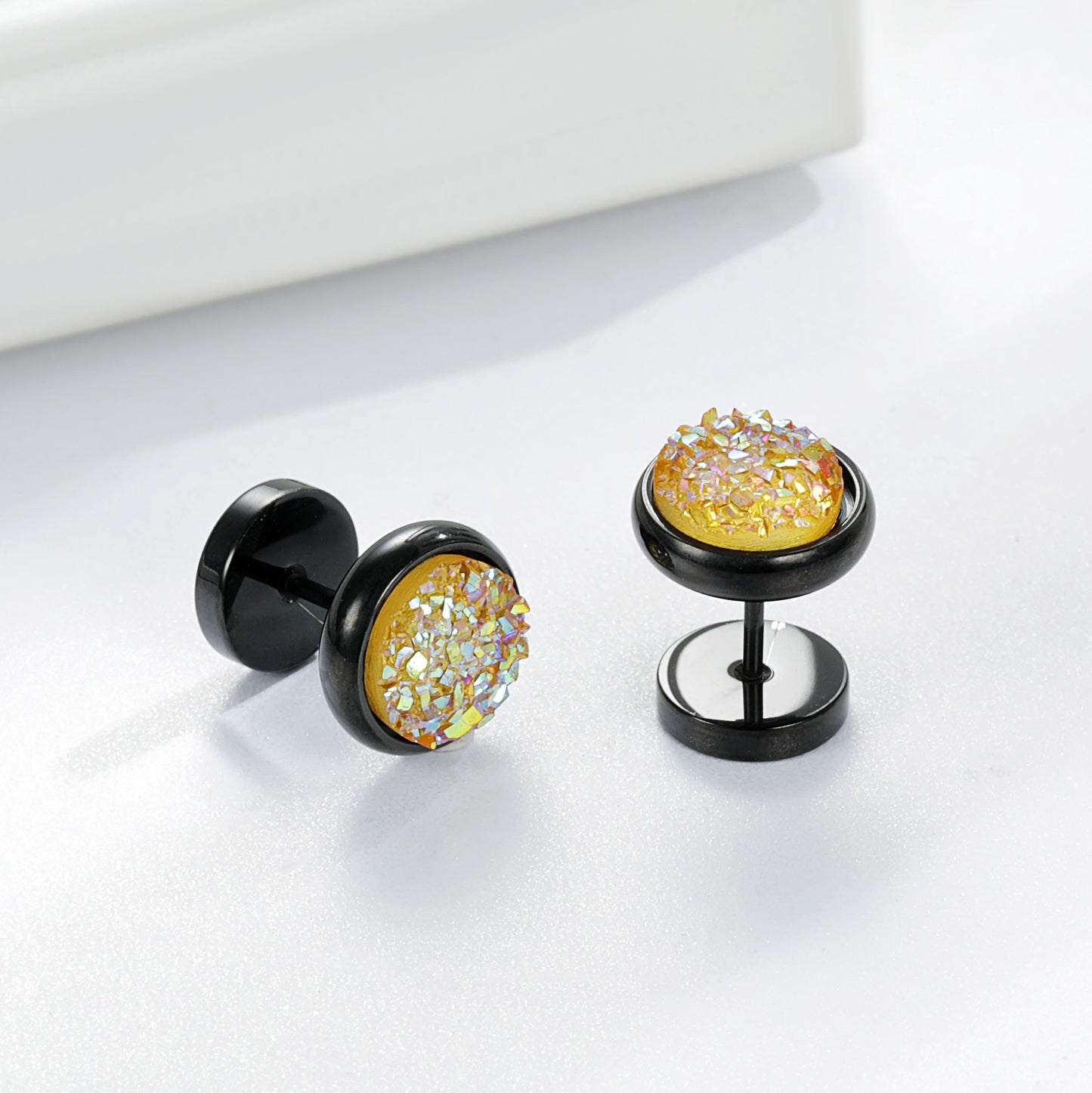 VOLUKA Crystal Stone Stud Earrings Flat Back Non-Nickel Titanium Stainless Steel Hypoallergenic Cartilage Earrings Stud for Sensitive Ears Women Men(Yellow-black)