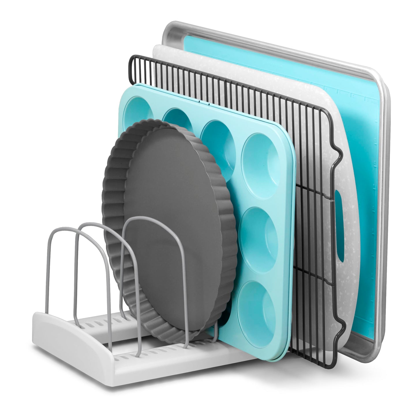 YouCopia StoreMore Bakeware Rack with Tall Steel Wires, Adjustable Pan and Lid Organizer, Classic Edition – White, Alloy Steel & Plastic, 11.5”W x 7.3”D x 6.4”H, Customizable Shelf