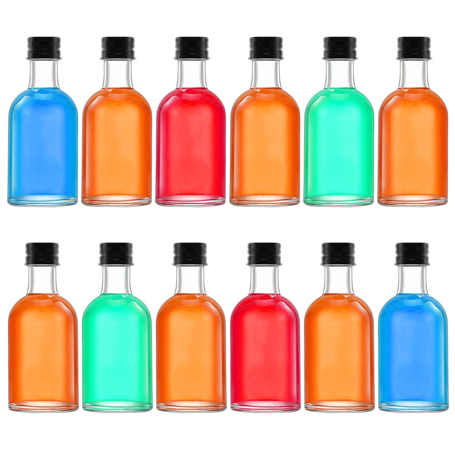 eispap 12pcs 1.7 OZ Mini Glass Liquor Bottles with Lids Small Glass Wine Bottle Reusable Empty Alcohol Bottles with Aluminum Black Screw Cap (12)