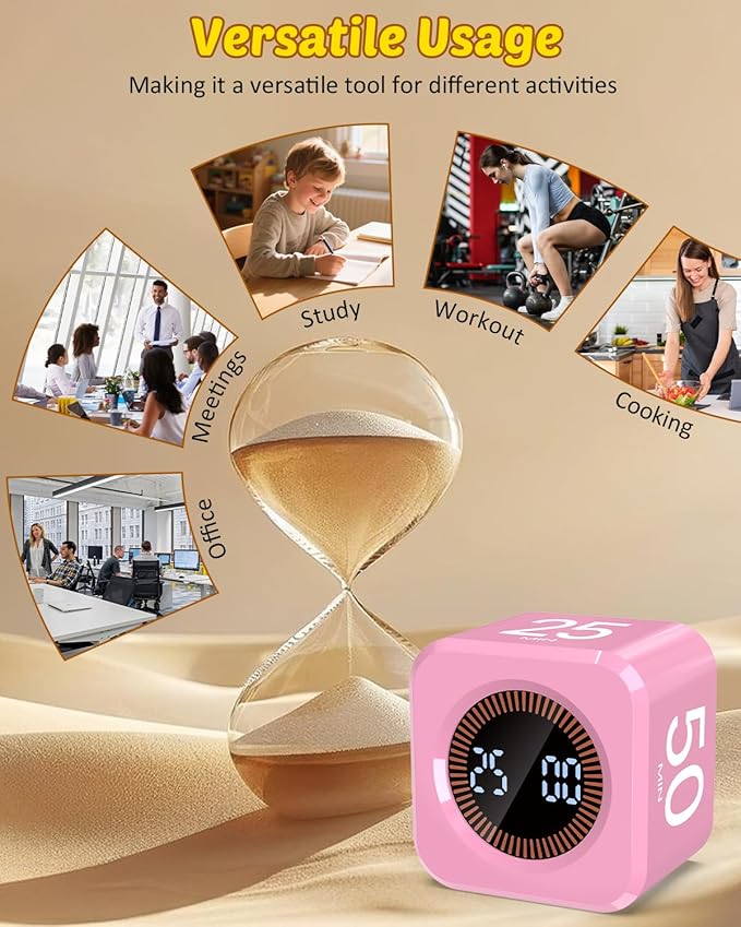 Pomodoro Timer Cube Visual Productivity Flip Timer for Kids Classroom Desk, 5/10/25/50min&Custom Countdown, Silent&Sound Mode Digital Cube for ADHD Study Work School Game Kitchen (Pink)