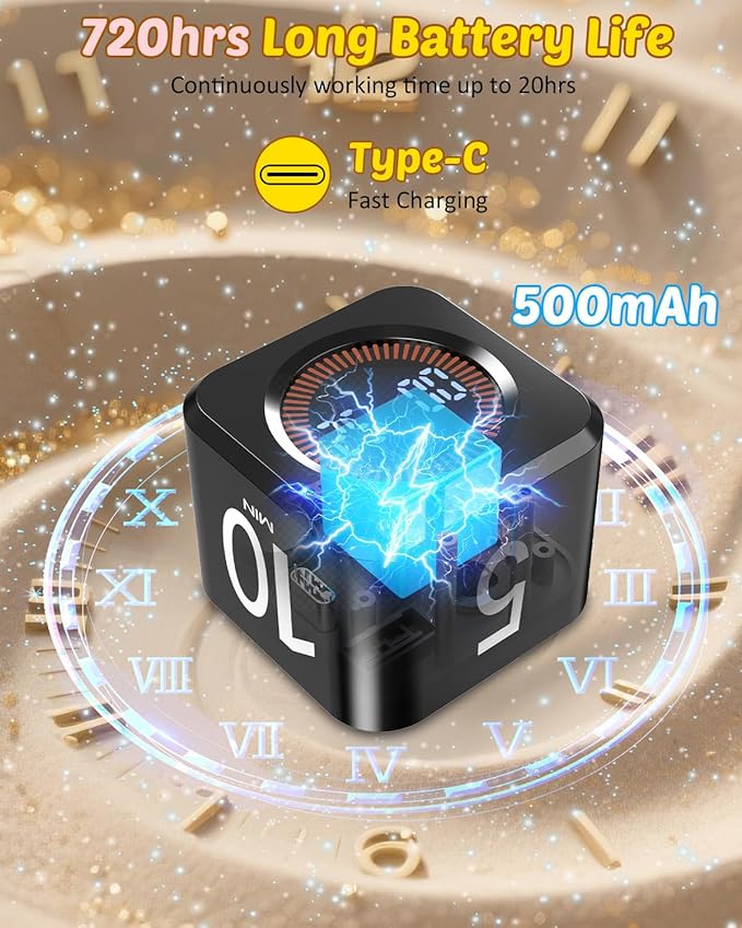 Pomodoro Timer Cube Visual Productivity Flip Timer for Kids Classroom Desk, 5/10/25/50min&Custom Countdown, Silent&Sound Mode Digital Cube for ADHD Study Work School Game Kitchen (Black)
