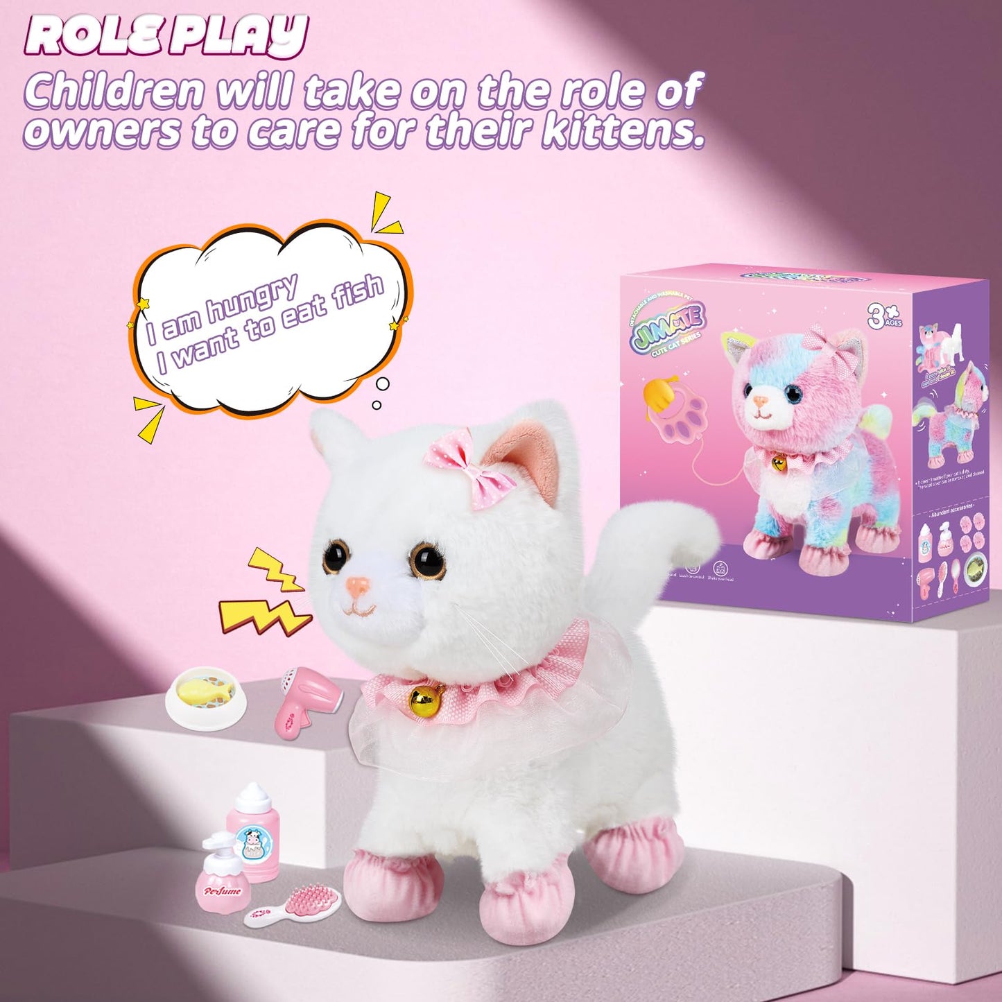 Jimate Interactive Electronic Plush Toy Walking and Barking Robot Cat Plush Cat Remote Control Kitten for Girls (White Cat)