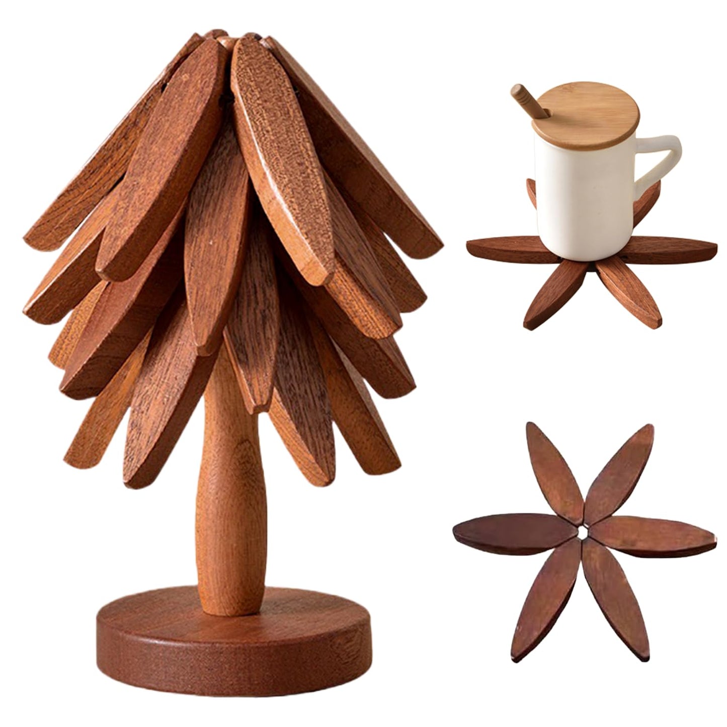 Natural Foldable Black Walnut Wooden Trivet Set - 4 Trivets + 1 Stand for Hot Dishes, Pot, Bowl, Teapot, Hot Pot Holders(Black Walnut)