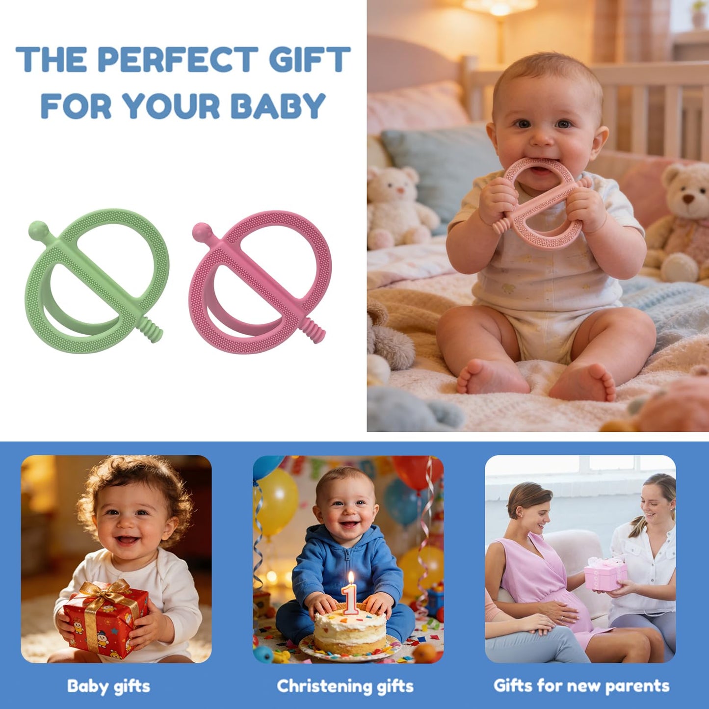 MACLUD 3 Pack Baby Teething Toys, Anti Dropping Wrist Hand Teethers & Easy-Grip Teether Ring, Food-Grade Silicone for Teething Relief, Newborn Essentials Chew Toys 0-12 Months（Blue&Pink&Green）