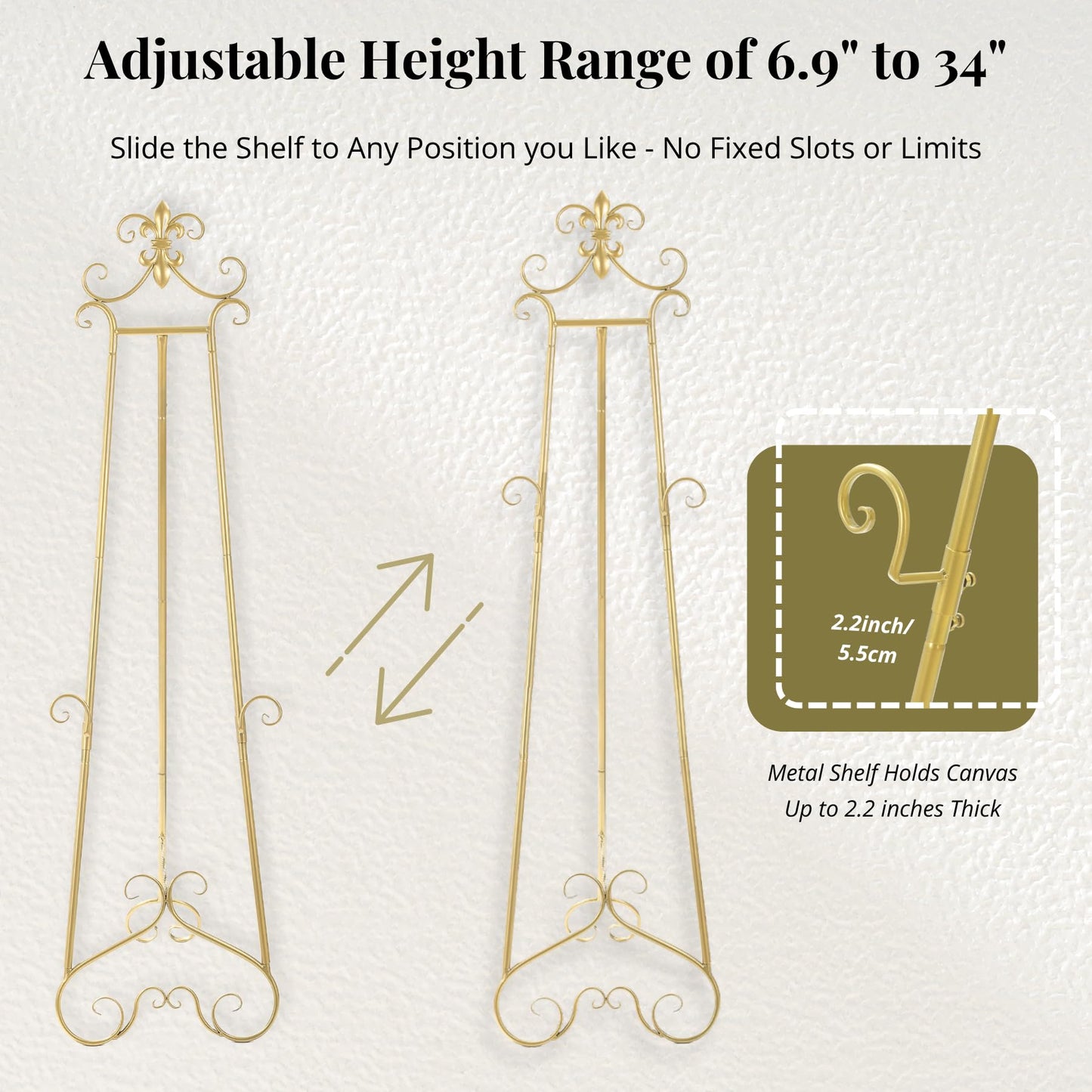 CaliDecor 60” H Gold Easel Stand for Sign, Large Adjustable Metal Display Standing for Displaying Pictures Wedding Poster Holder Showcasing with Chain Support