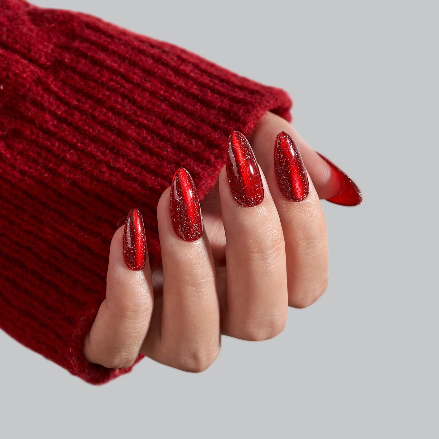 BTArtbox Press On Nails Almond - Deep Red Sparkly Stick on Nails for Christmas, Glossy Fake Nails Medium in 15 Size, Cardinal & Mystic Ruby