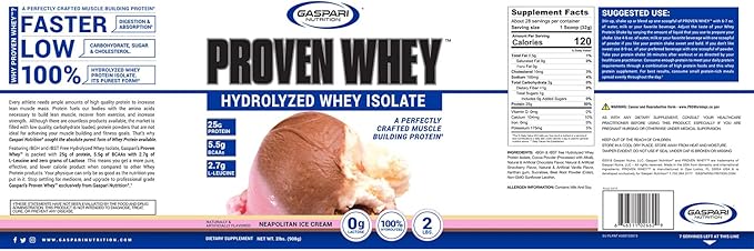 Gaspari Nutrition Proven Whey, 100% Hydrolyzed Whey Isolate, High Protein, Lactose Free, Low Carbohydrate and Low Sugar (2lb, Neapolitan Ice Cream)