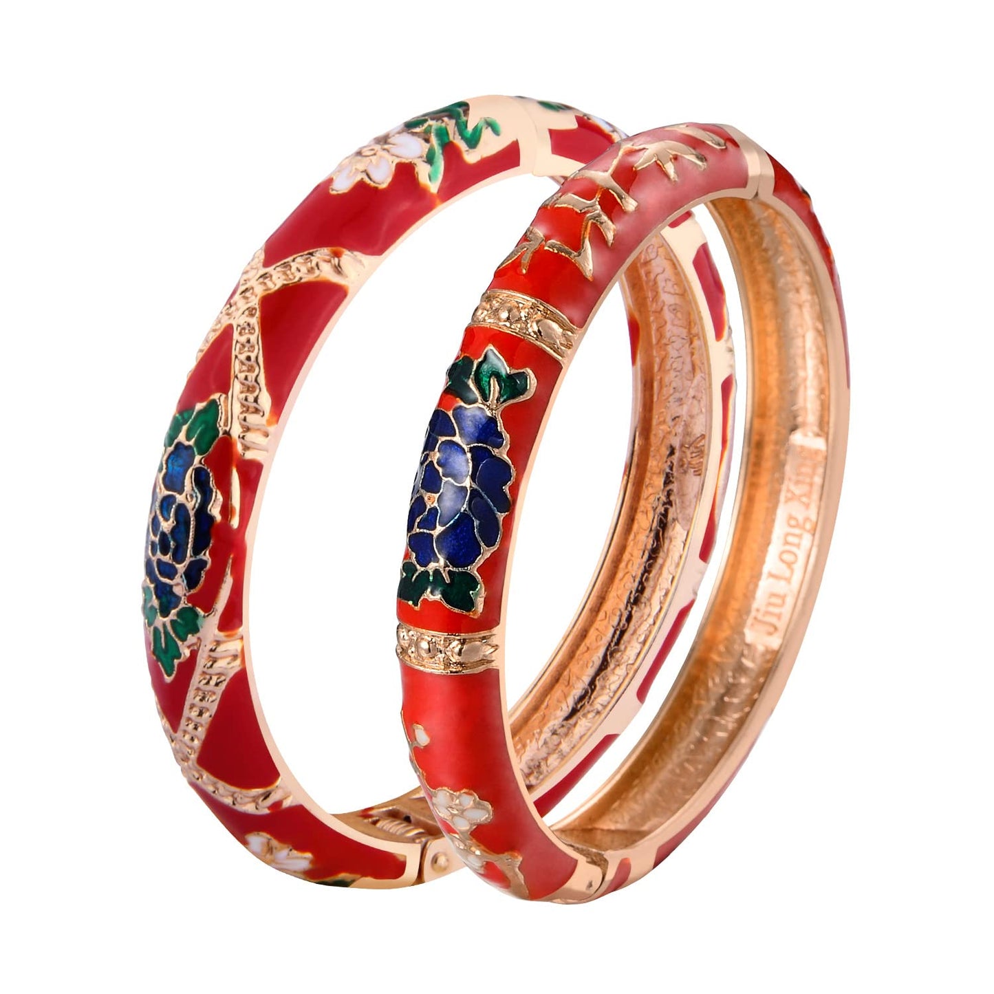 UJOY Gorgeous Bracelets Enameled Floral Cloisonne Gift Plated Cuff Bangles Jewelry Sets Box for Women 55A127-55A128 red