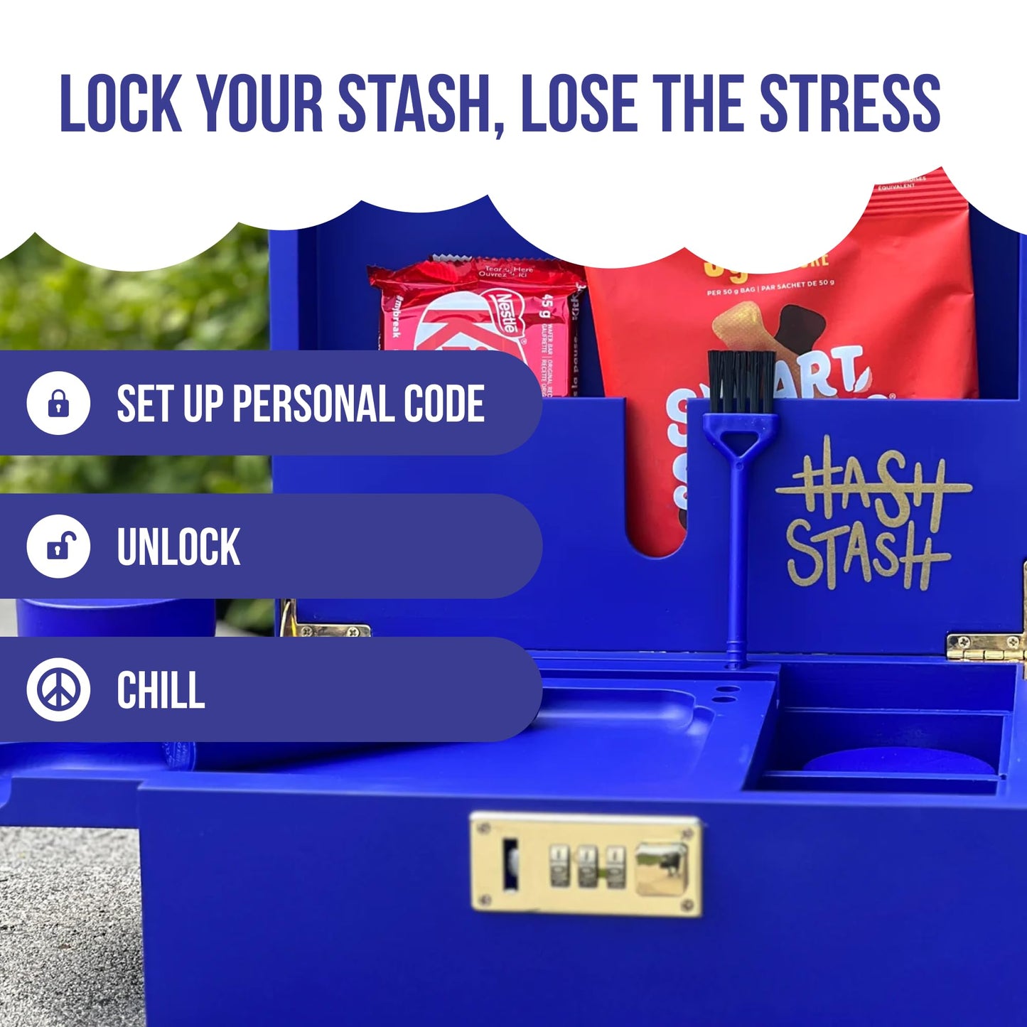 The OG Storage Box - Large Bamboo Box with Combination Lock, Magnetic Lid, Organizer Tray, Airtight Tube and 3 Jars - Discreet Decorative Locking Wooden Box with Accessories (Royal Blue/Gold)