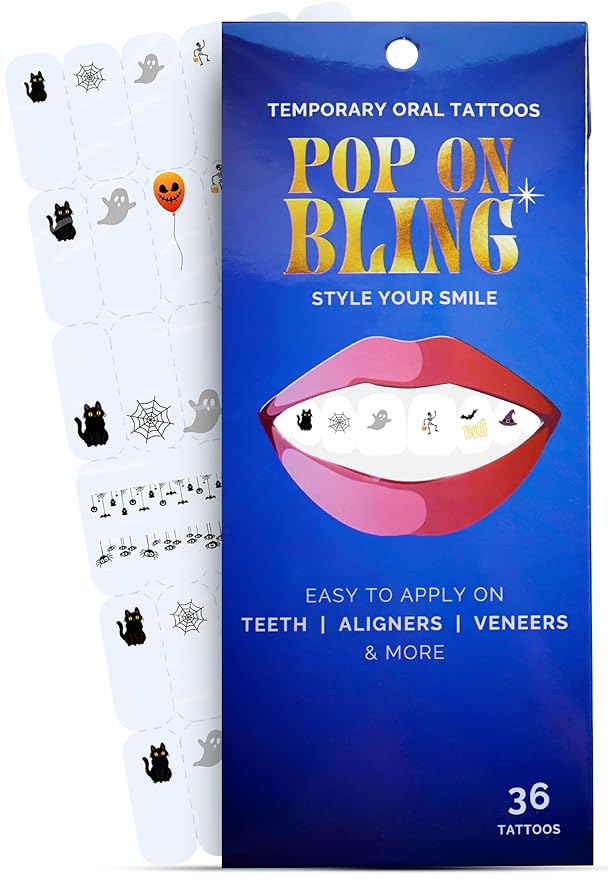Halloween Tooth Bling Tattoo – Temporary Tooth Gem Kit for Teeth – Safe for Teens & Adults, Removable Fun Fake Tooth Tattoo Stickers for Halloween Costume, Party & Cosplay (Spooky)