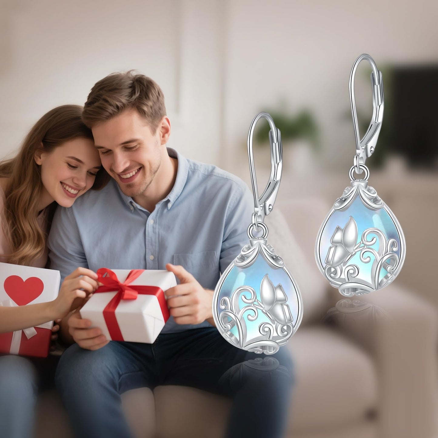 POPLYKE Moonstone Butterfly Teardrop Drop Dangle Earrings Sterling Silver Leverback Earrings Moonstone Jewelry Gifts for Women