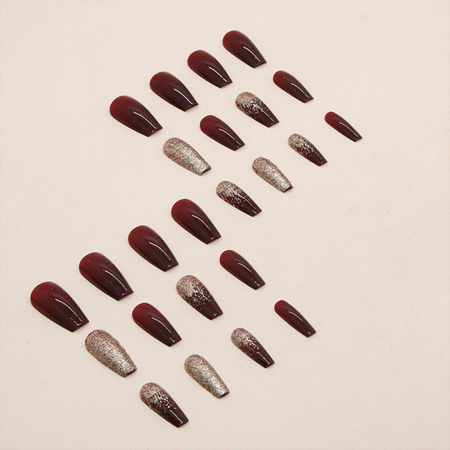 SINHOT Red Press on Nails - Medium Coffin Glossy Glue on Acrylic Gold Glitter Ballerina Artificial Stick on False Nails with Design - 24 pcs