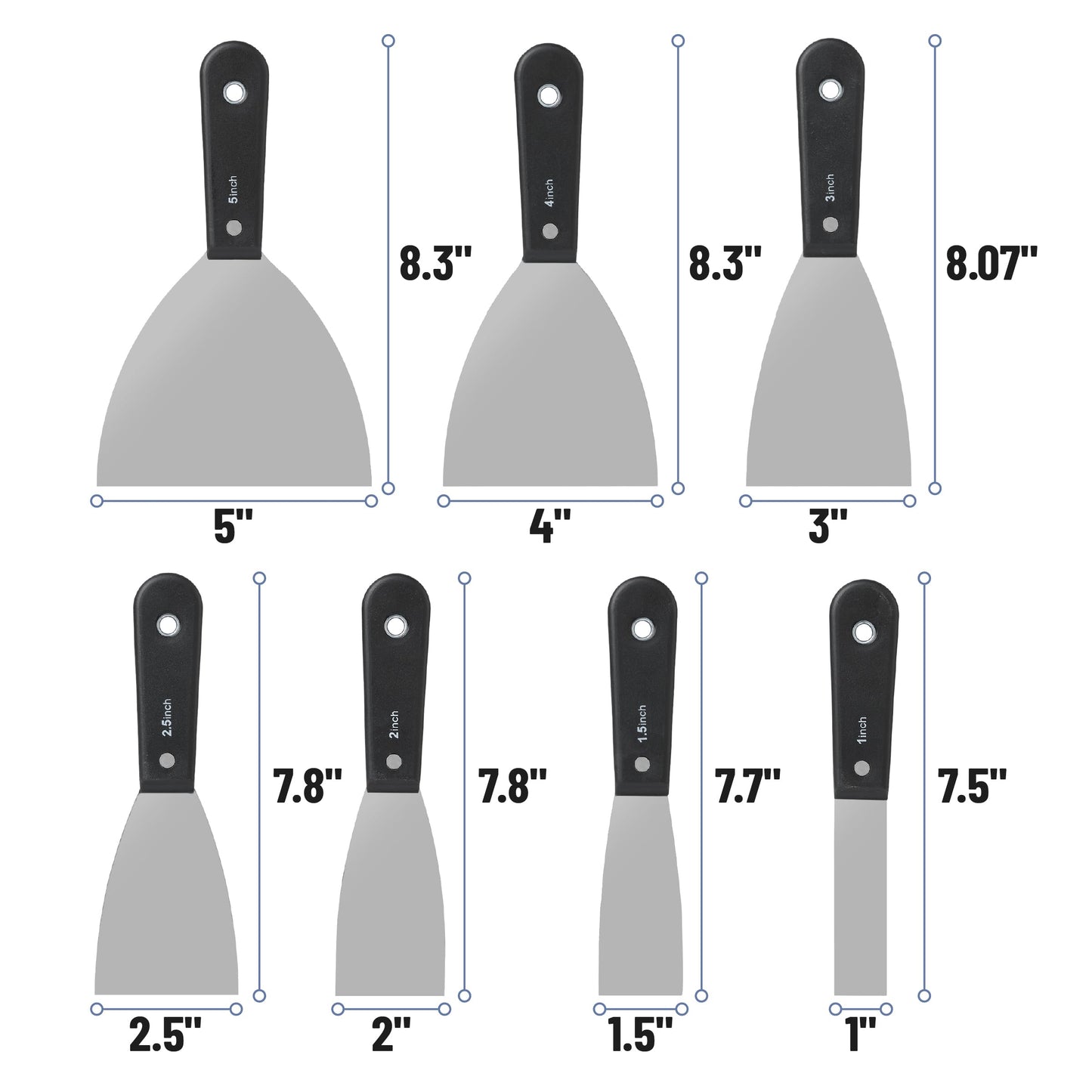 Bates- Putty Knife Set, 7 pcs, Stainless Steel, 1" 1.5" 2" 2.5" 3" 4" 5" Flexible Metal Scraper, Drywall Spackle Knife, Metal Paint Scraper Tool, Putty Knife Scraper, Wall Scraper, Drywall Knife