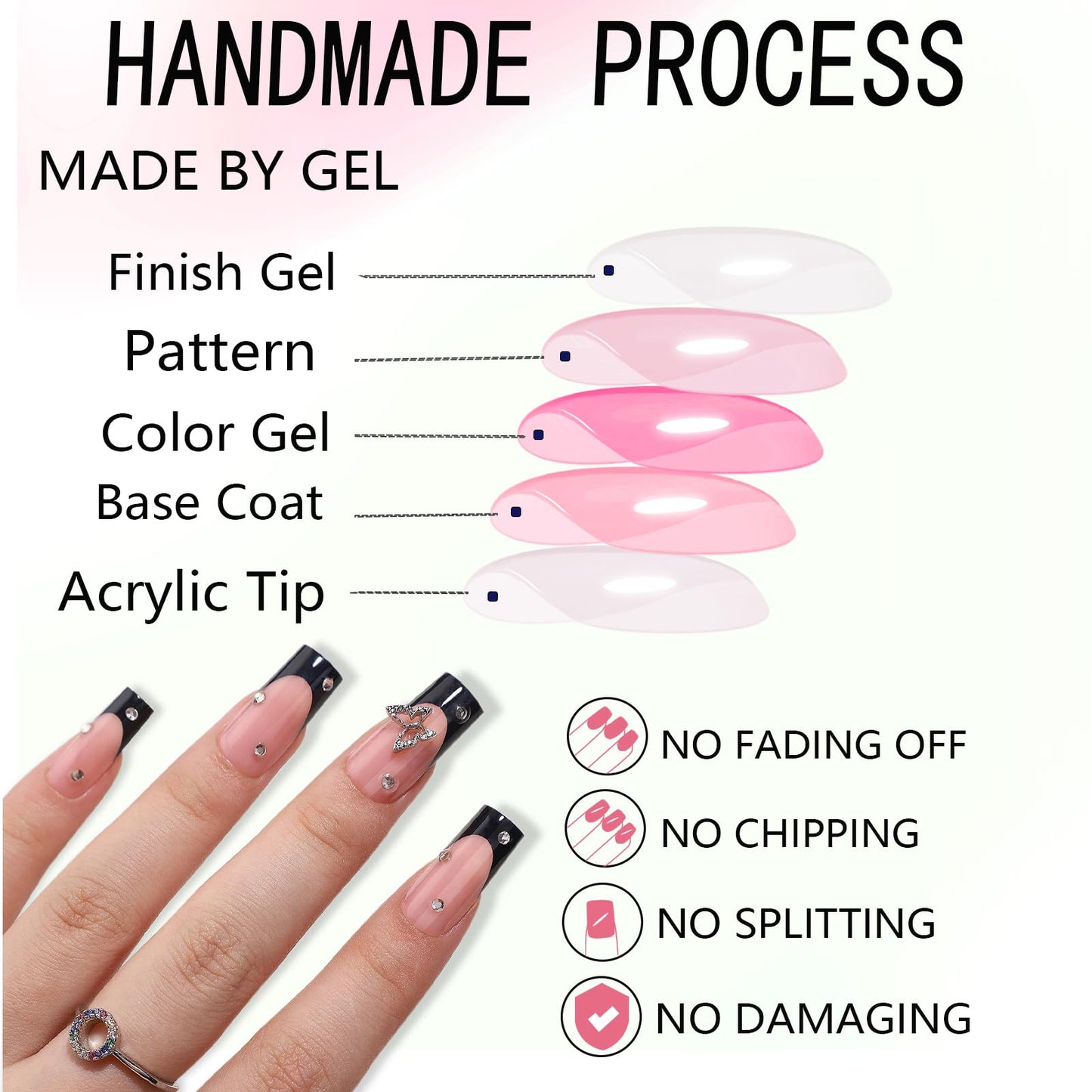 WAFOLOZE Black French Tip Press On Nails - Long Square Fake Nails With Glue, 16 Sizes - 32Pcs False Tips Kit, Stick On Artificial Nails for Women