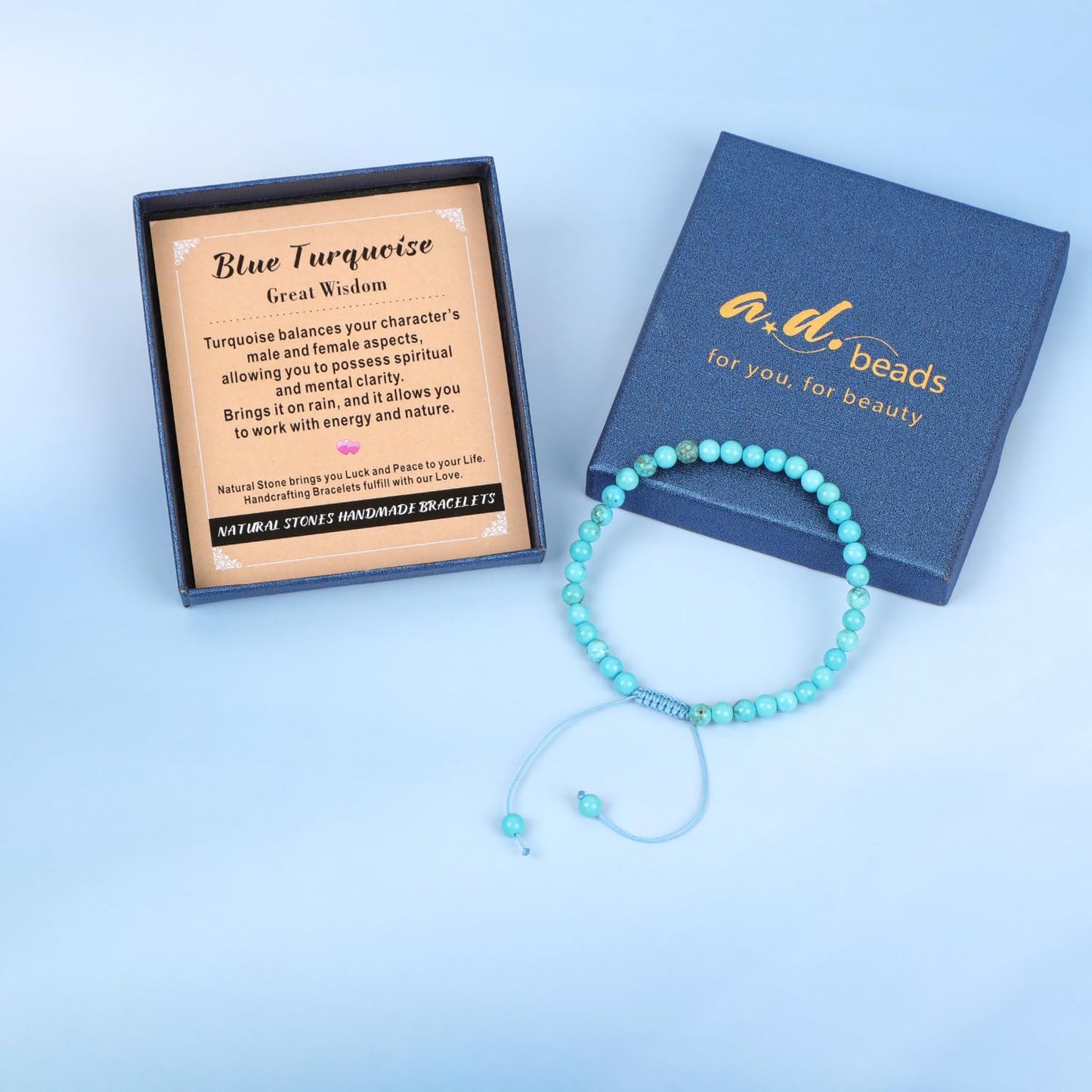 AD Beads 4mm Blue Turquoise - Wisdom - Handmade Natural Stone Crystal Bracelet with Adjustable Macrame String - Yoga Healing Power Energy Gifts for Men and Women