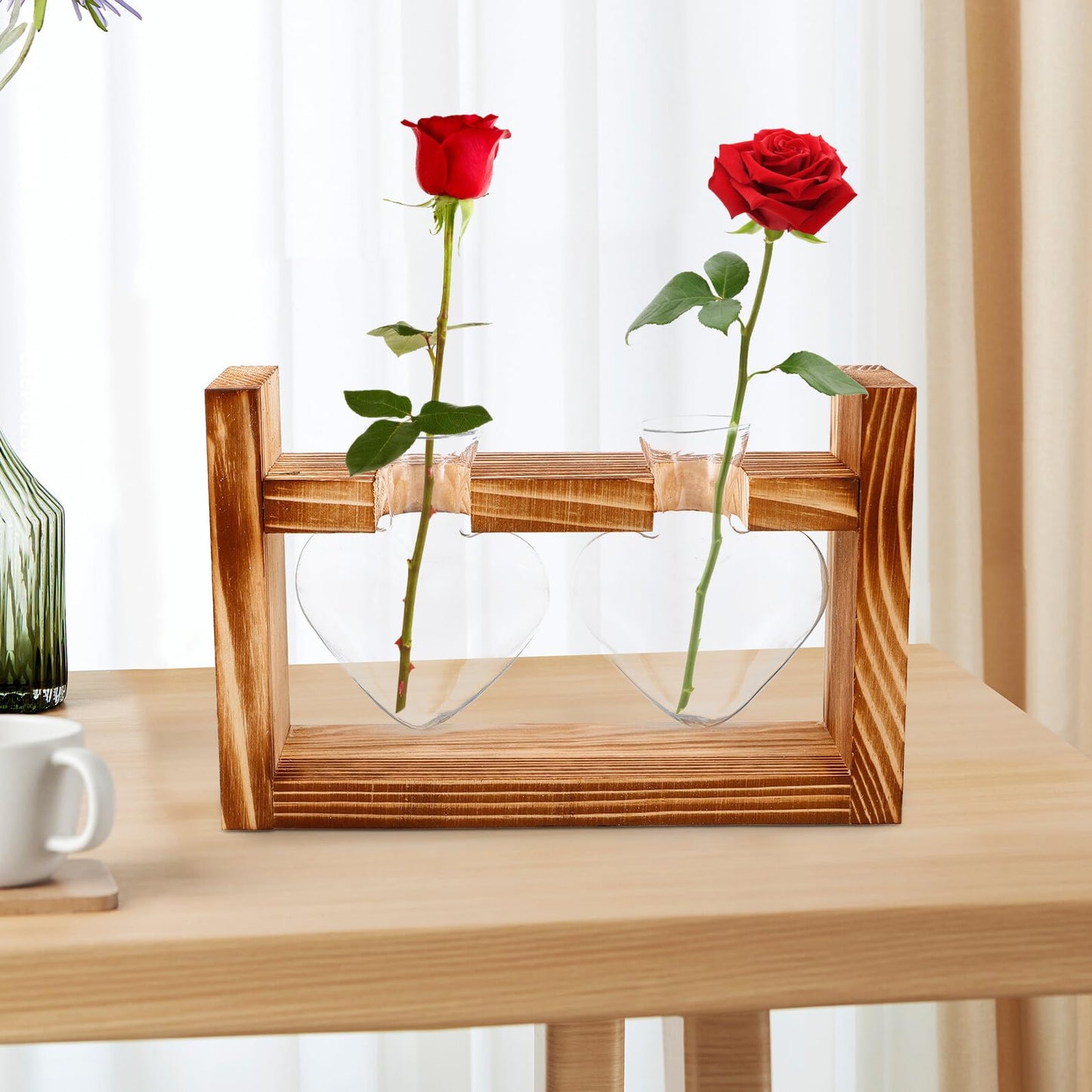 Healvian Heart-Shaped Glass Terrarium Vase with Wooden Stand, Hydroponic Planter for Indoor Plants, Desktop Home Decor, 2pcs Set with Retro Frame Packaging