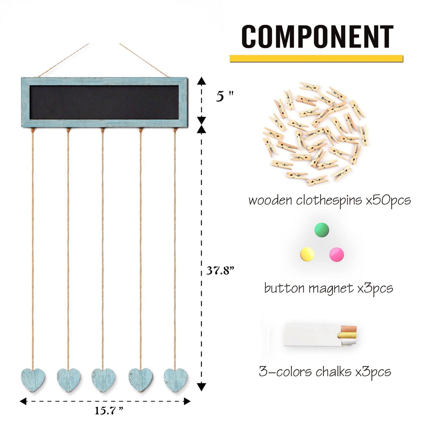 EXQUIDECA Picture Frames Collage Display Board with 30 Clips - Multi Photos Cards Organizer with Adjustable Twines and Magnetic Blackboard - DIY Wall Decor Hanging Picture Holder 15.7x5 Inches