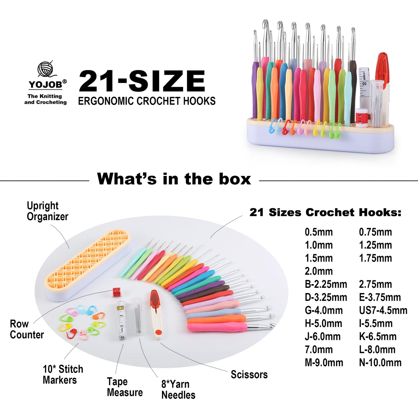YOJOB 21 Sizes Crochet Hooks Set 0.5mm-10mm, Plus Crochet Accessories and Holder﻿, Complete Set Ergonomic Crochet Hook Kit for Beginners