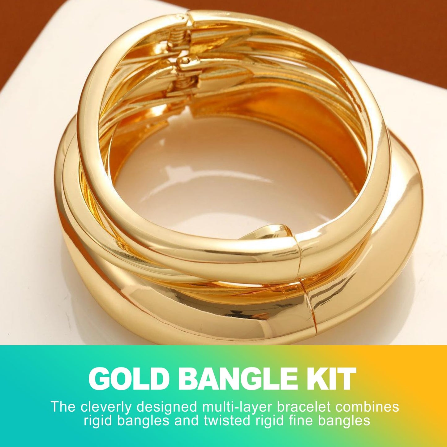 KornaDoz 3-Pack 14K Gold Plated Chunky Bracelet Set - Stackable Cuff Bangles, Trendy Statement Jewelry for Women
