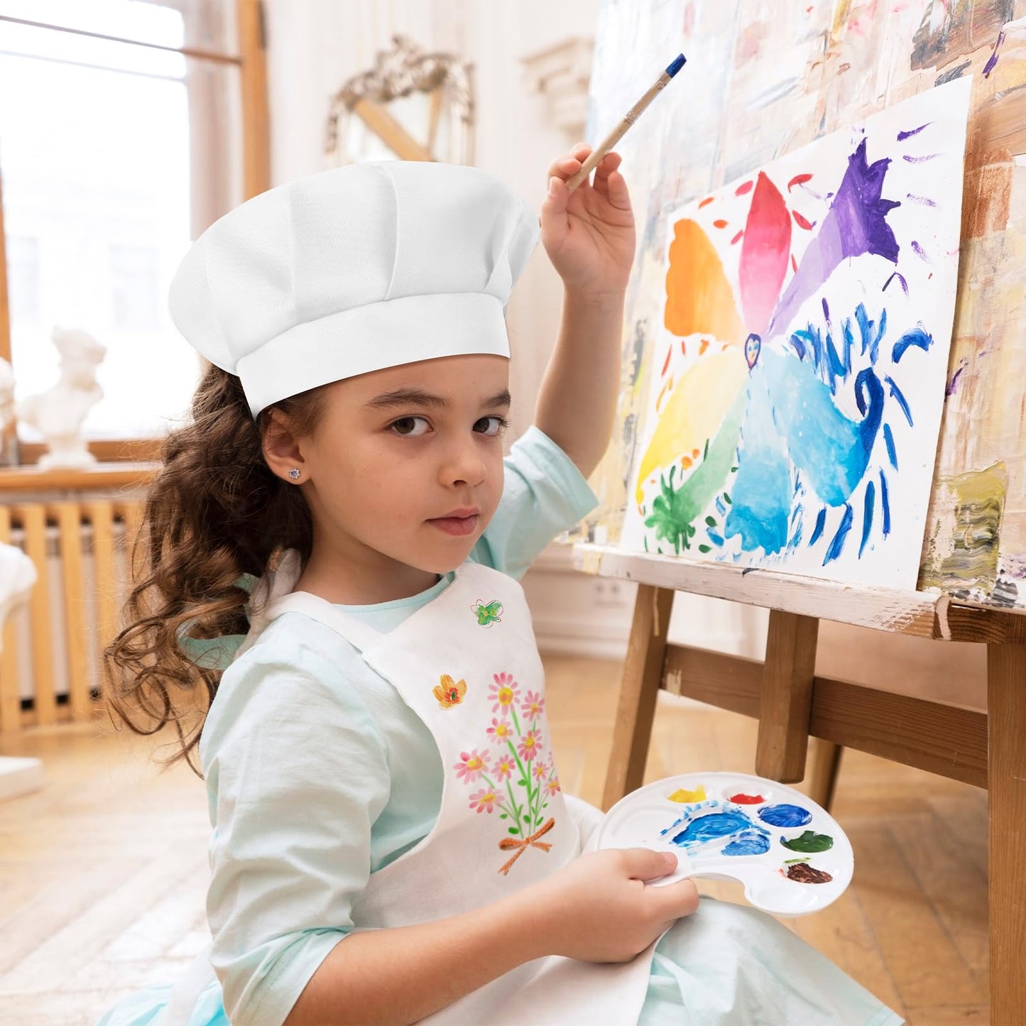 BOUBONI 12 Sets Kids Apron and Chef Hat Set Adjustable Toddler Apron with Colored Pen Template for Baking Painting Crafts