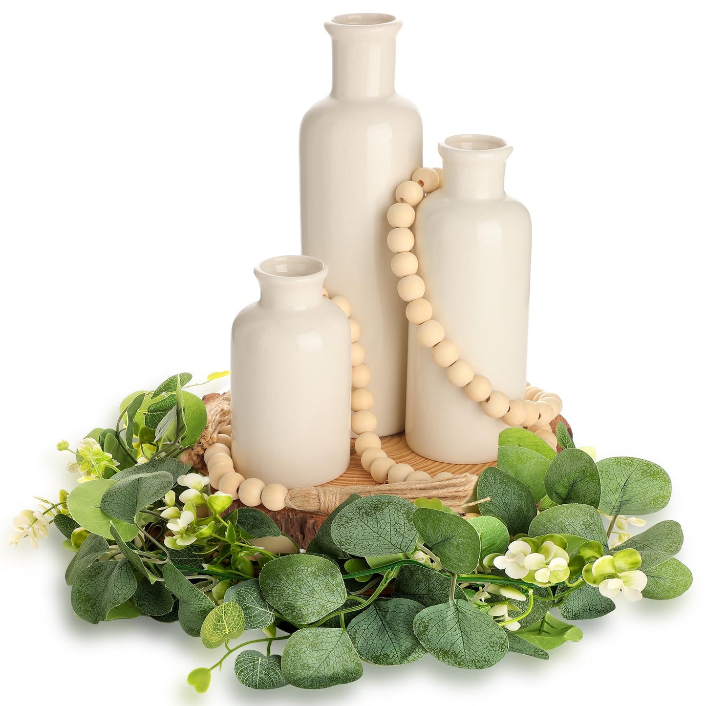 Geelin 6 Pcs Boho Rustic Table Centerpieces, 3 Modern Ceramic Vases, Wooden Slice Tray, Farmhouse Wood Beads Garland with Tassel, Artificial Vines for Dining Home Coffee Table Decor(White)