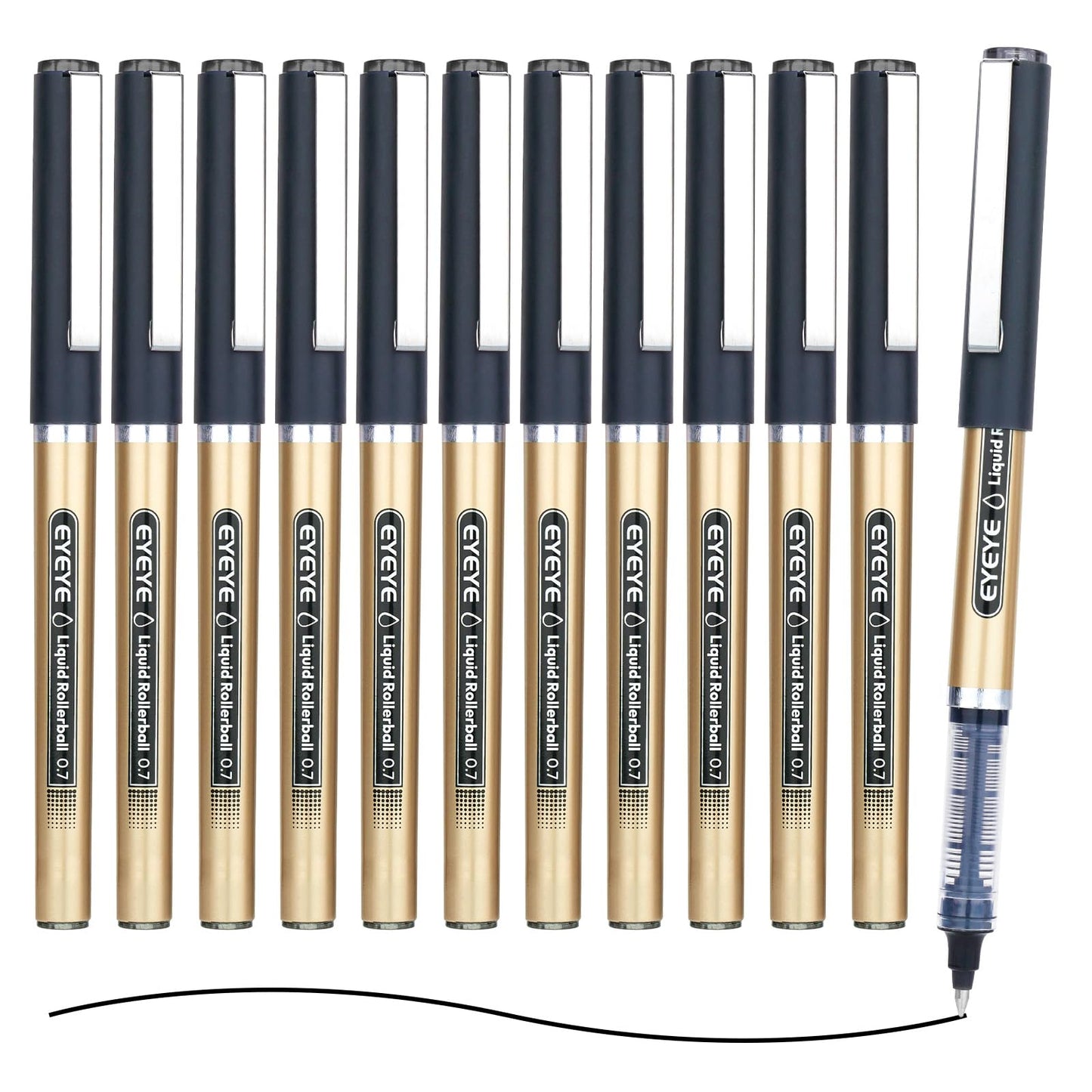 EYEYE Black Rollerball Pens 12 Pack 0.7mm Medium Point, Quick Dry Liquid Ink, Smooth Writing for Journaling, Note Taking, Office & School Supplies