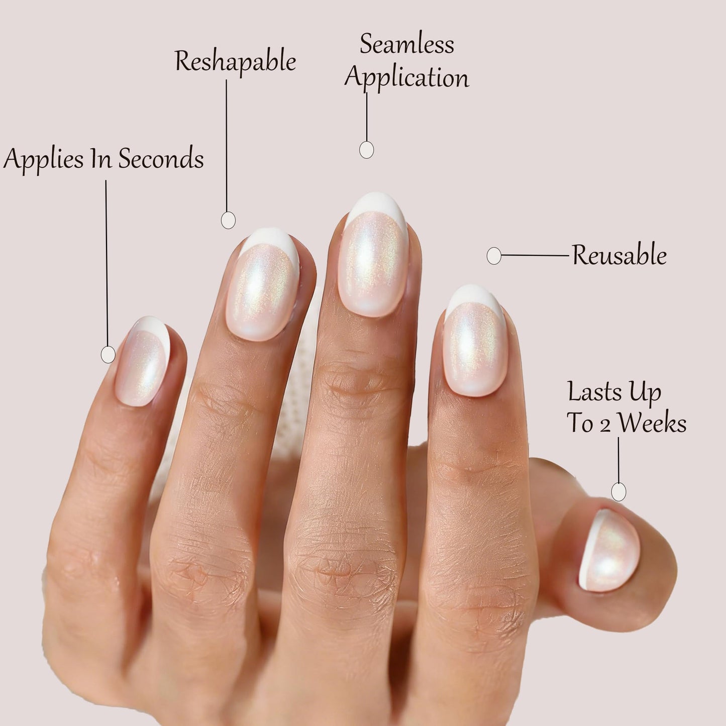 French Tip Press On Nails， Chrome Pearl White Short Reusable Stick On Nails in 12 Sizes - 24 Soft Gel Fake Nail Kit for Women