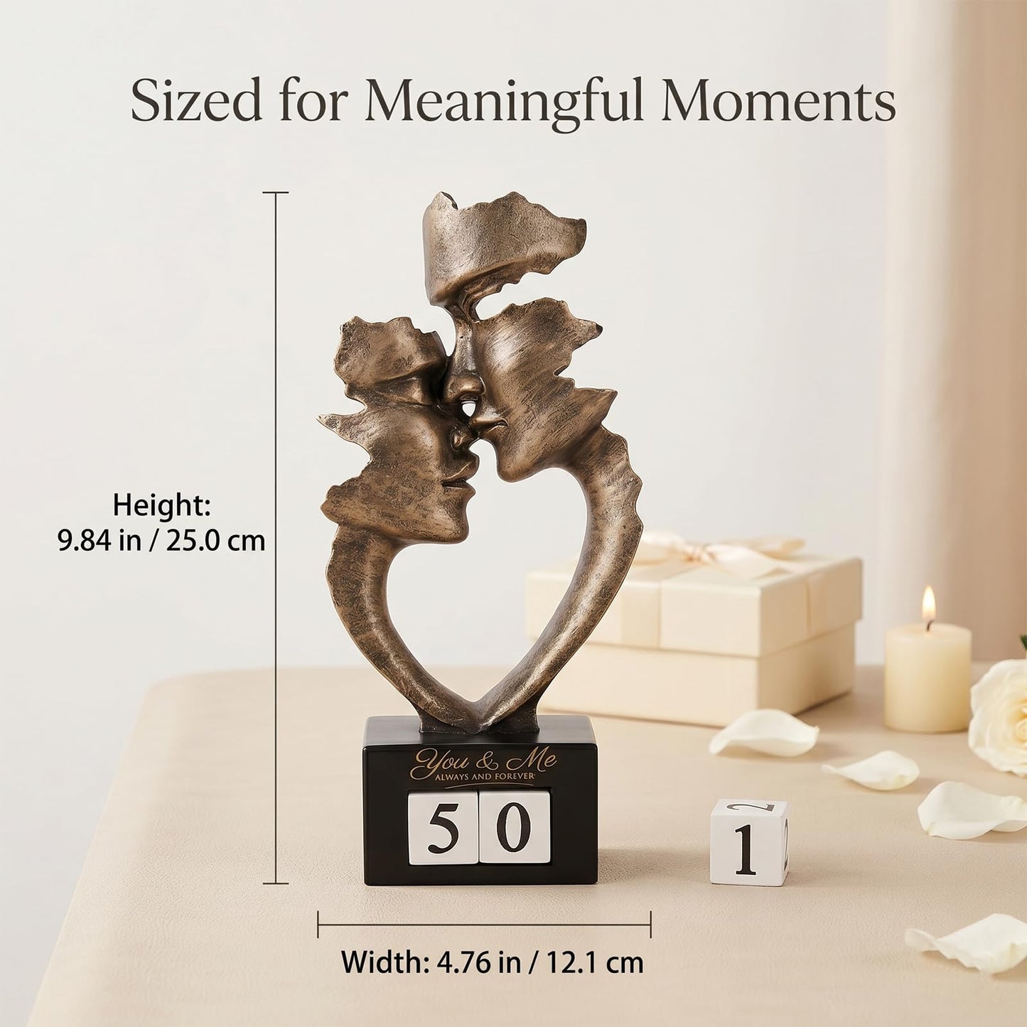 9.84in H Resin Couple Statue with Interchangeable Number Blocks, Antique Bronze Finish Modern Abstract Romantic Couple Figurine for 1st to 50th Wedding, Shelf Bookshelf Bedroom Decor