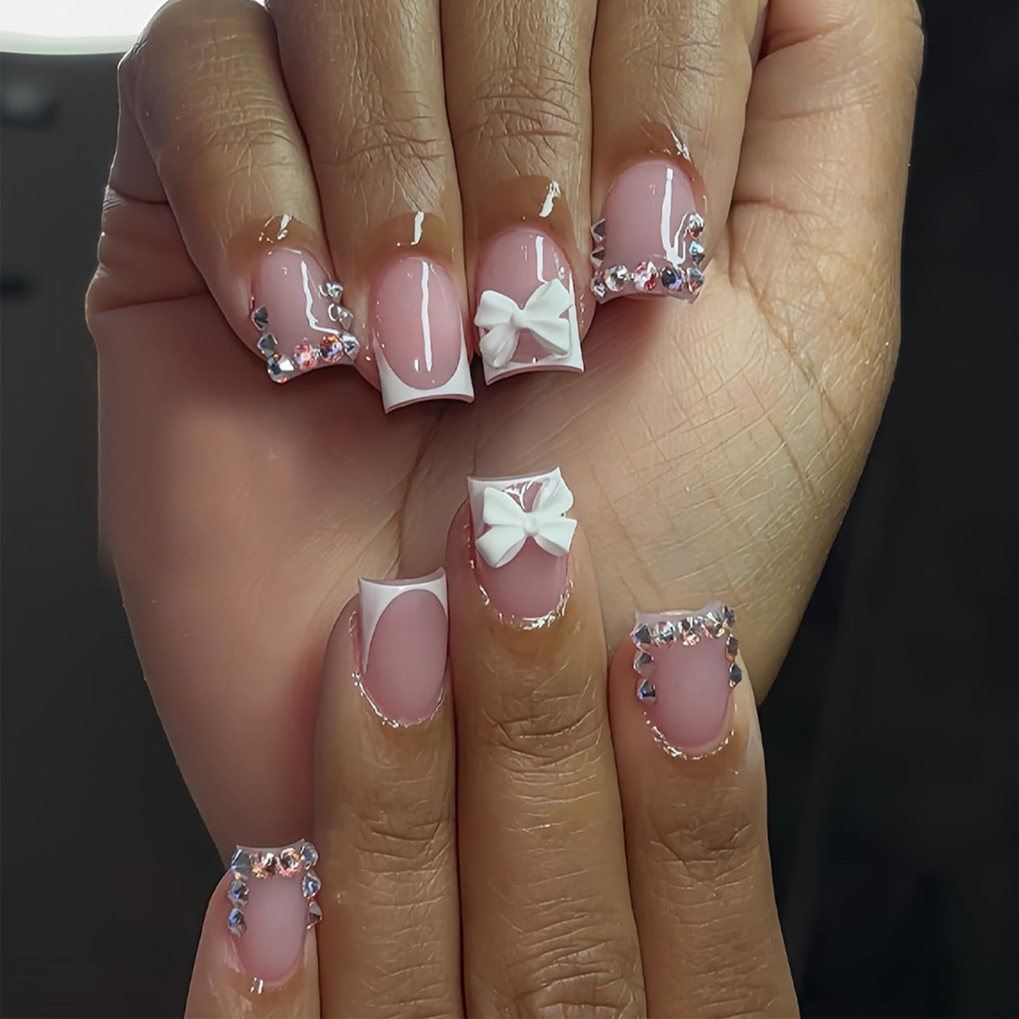 24Pcs Square Press on Nails Short French Tip Nails with 3D White Bow and Rhinestones, Pink Fake Nails Glossy Acrylic Stick on Nails Reusable False Nails for Women Wedding Party Daily DIY Manicure