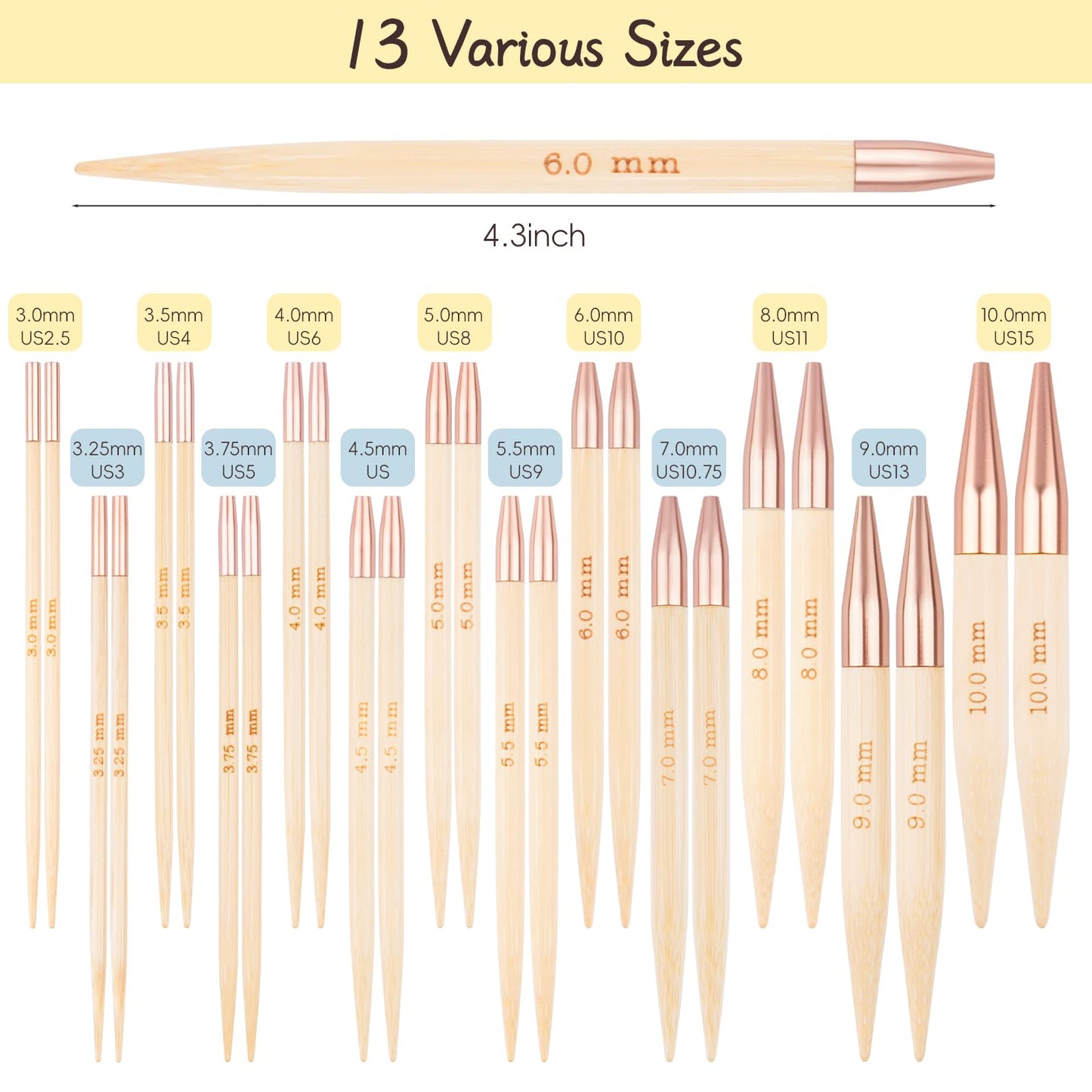 BsHooker Bamboo Circular Knitting Needles Set,13 Pairs Interchangeable Knitting Needles Kit with Storage Case,3mm-10mm Knitting Needles with Cables US 2.5-15