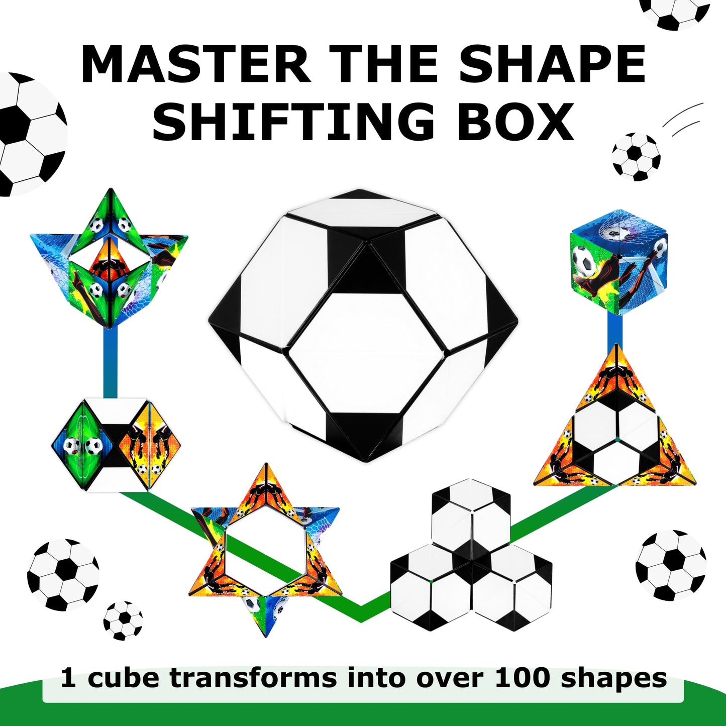 Shashibo Shape Shifting Box – STEM Fidget Toy with Ultra Strong Magnets, Puzzle Cube Transforms into 100+ Shapes, Sensory Gift for Kids, Teens, and Adults (Soccer)