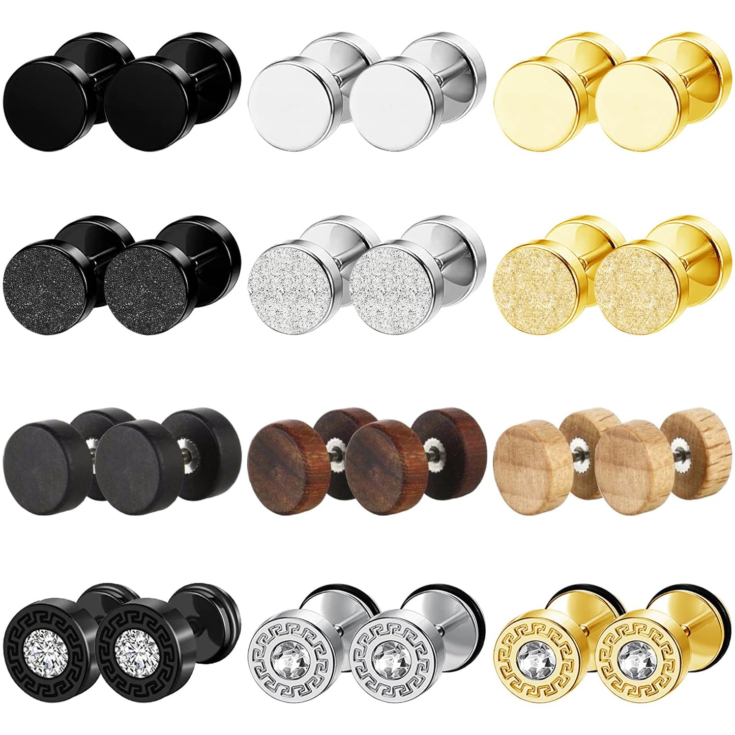 SUBANG 12 Pairs Stainless Steel Stud Earrings for Men Faux Gauges Earring Hypoallergenic Earring Flatback Dot Studs Screw Back Earrings for Women Men